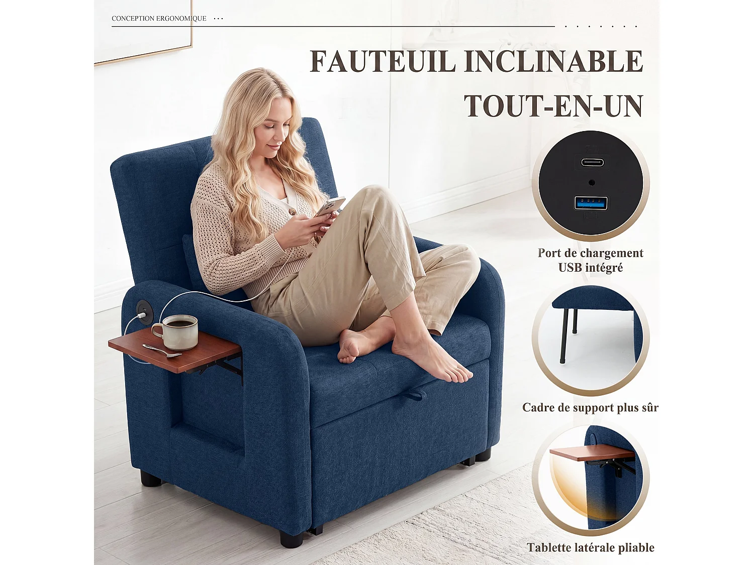 Divano letto pieghevole blu scuro – tessuto multifunzionale, posizione seduta/relax convertibile, porta USB, tavolino pieghevole, cuscino, schienale regolabile