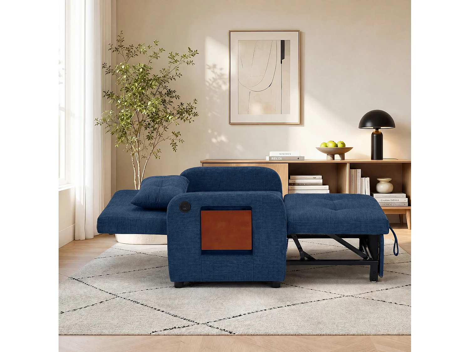 Divano letto pieghevole blu scuro – tessuto multifunzionale, posizione seduta/relax convertibile, porta USB, tavolino pieghevole, cuscino, schienale regolabile