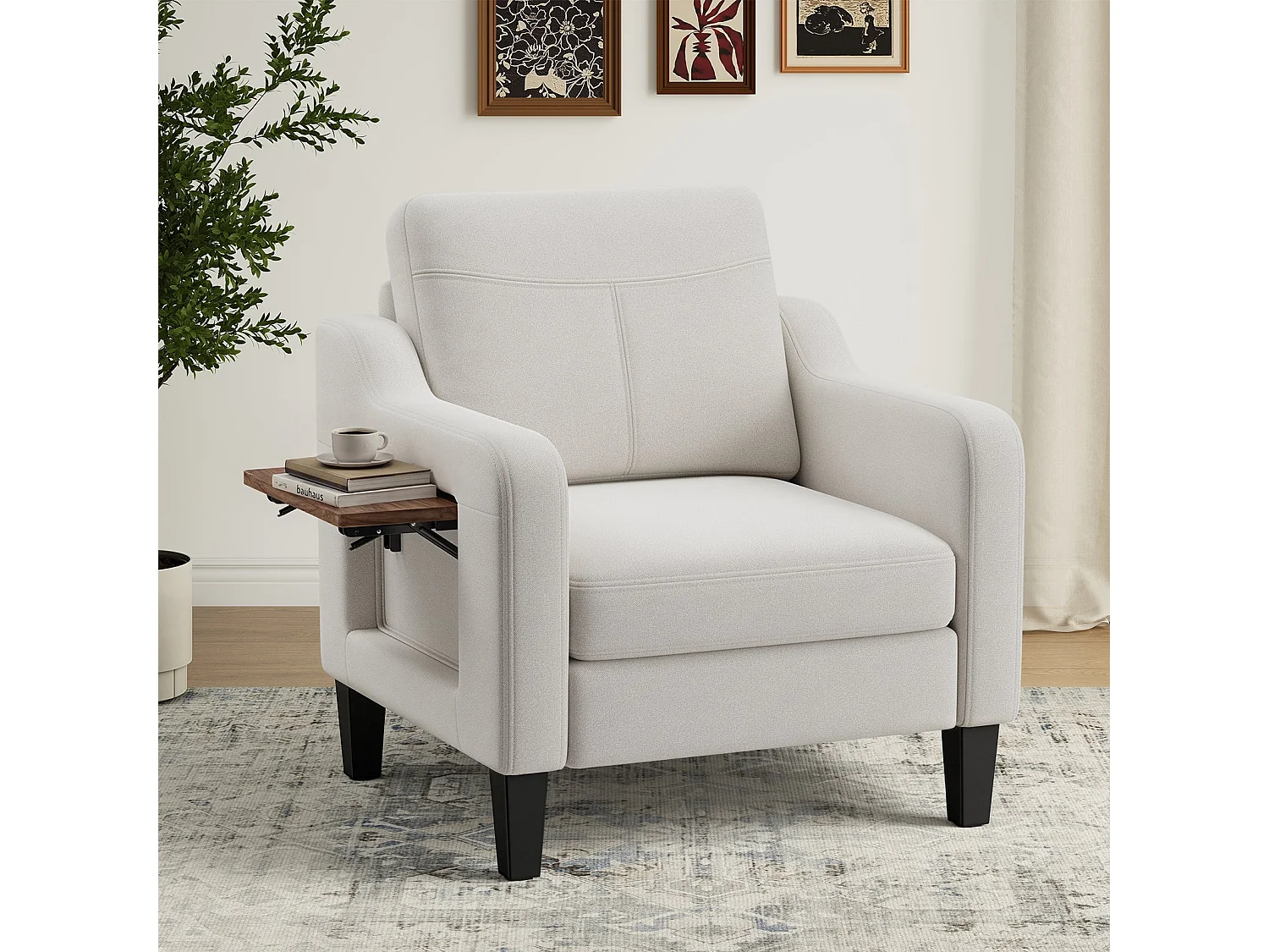 Fotel vintage z lnu z rozkładanym stolikiem i boczną kieszenią, siedzisko z pianki memory, lekki i łatwy do codziennego przenoszenia