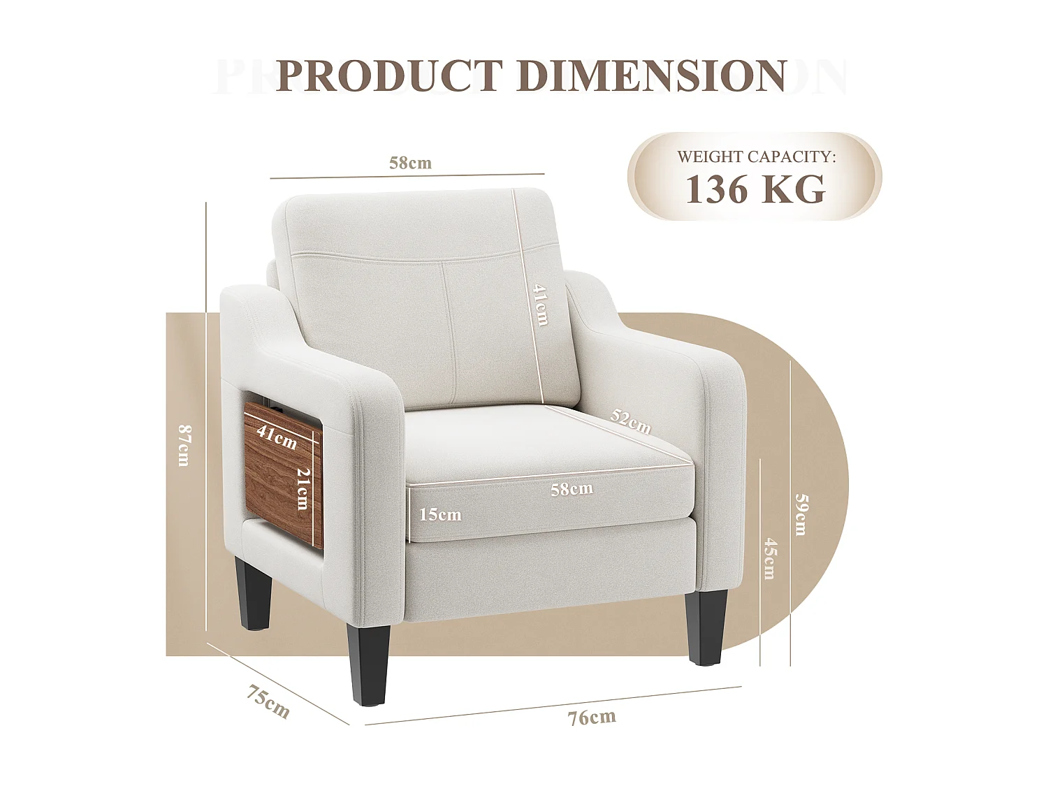 Fotel vintage z lnu z rozkładanym stolikiem i boczną kieszenią, siedzisko z pianki memory, lekki i łatwy do codziennego przenoszenia