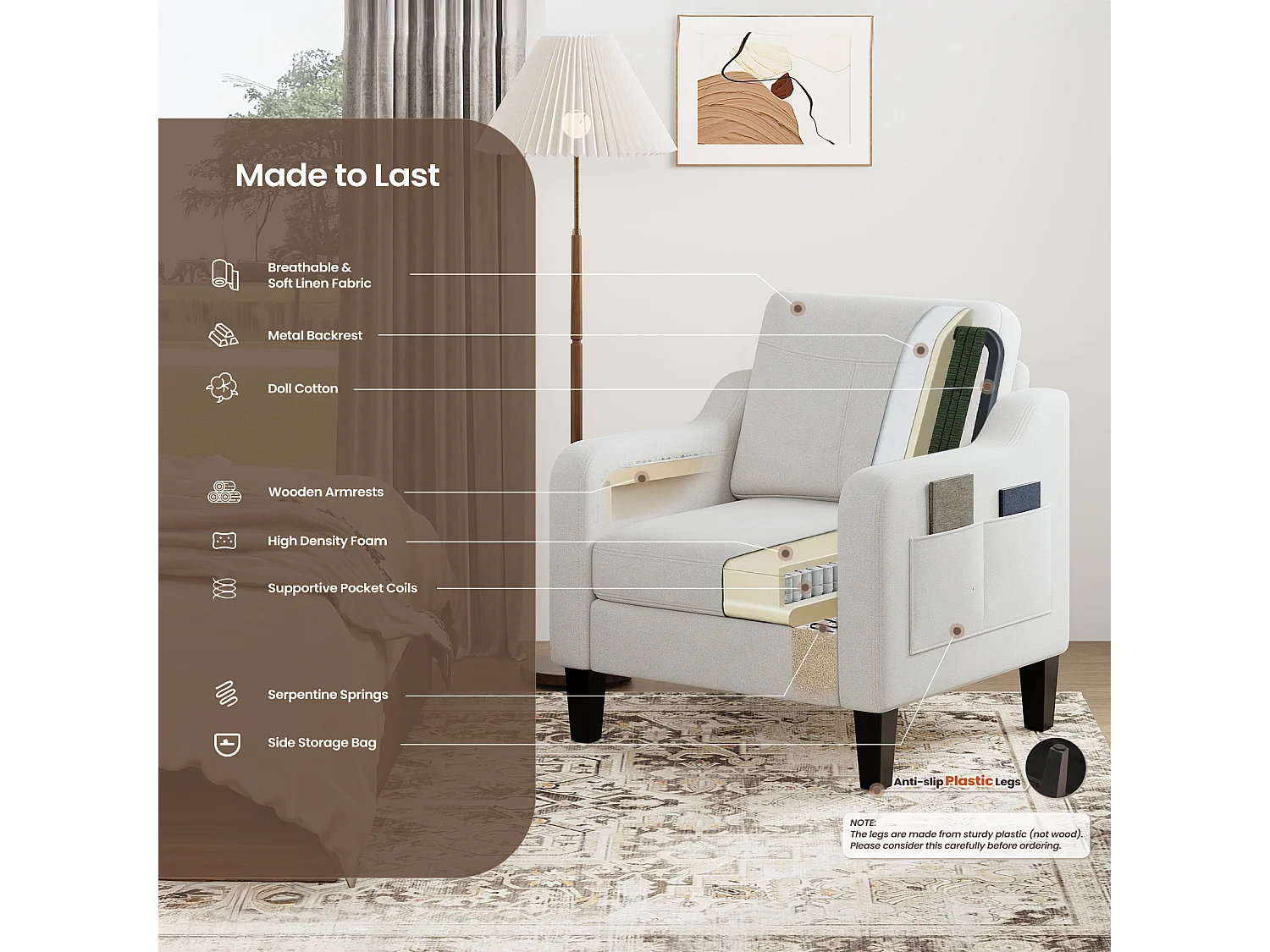 Fotel vintage z lnu z rozkładanym stolikiem i boczną kieszenią, siedzisko z pianki memory, lekki i łatwy do codziennego przenoszenia