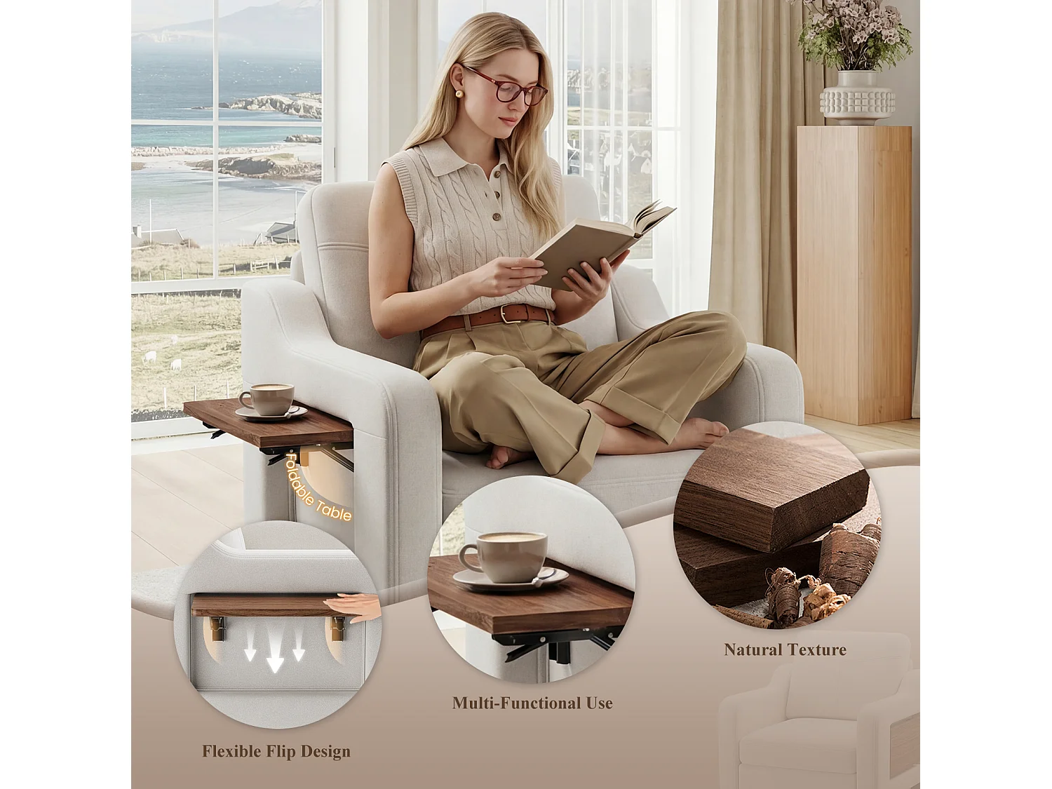 Fotel vintage z lnu z rozkładanym stolikiem i boczną kieszenią, siedzisko z pianki memory, lekki i łatwy do codziennego przenoszenia