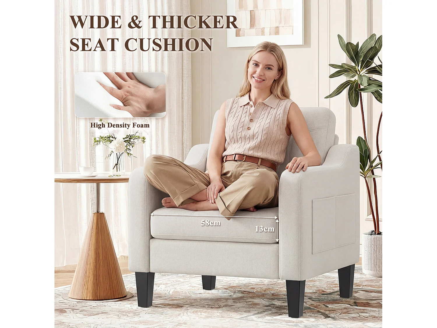 Fotel vintage z lnu z rozkładanym stolikiem i boczną kieszenią, siedzisko z pianki memory, lekki i łatwy do codziennego przenoszenia