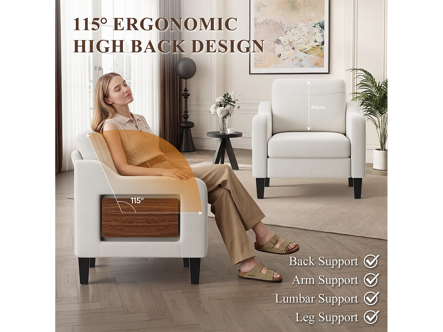 Fotel vintage z lnu z rozkładanym stolikiem i boczną kieszenią, siedzisko z pianki memory, lekki i łatwy do codziennego przenoszenia