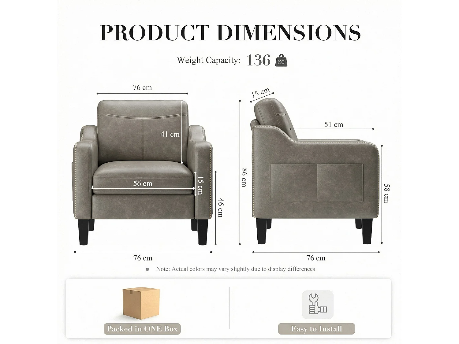 Moderner Sessel aus PU im Mid-Century-Stil mit Seitentasche – ergonomischer Komfort für Wohnzimmer und Büro, grau