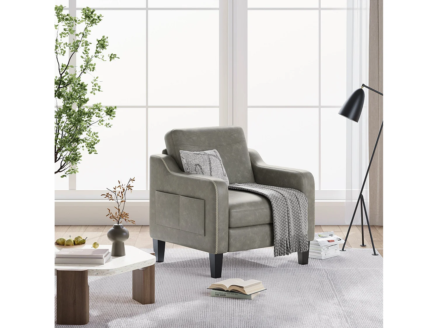 Moderner Sessel aus PU im Mid-Century-Stil mit Seitentasche – ergonomischer Komfort für Wohnzimmer und Büro, grau