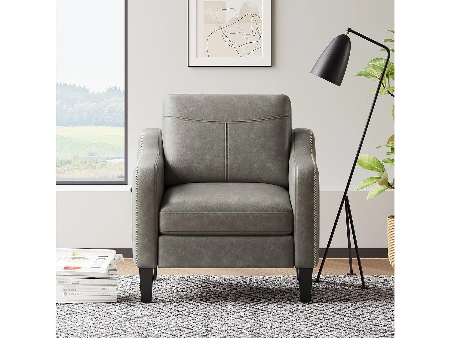 Moderner Sessel aus PU im Mid-Century-Stil mit Seitentasche – ergonomischer Komfort für Wohnzimmer und Büro, grau