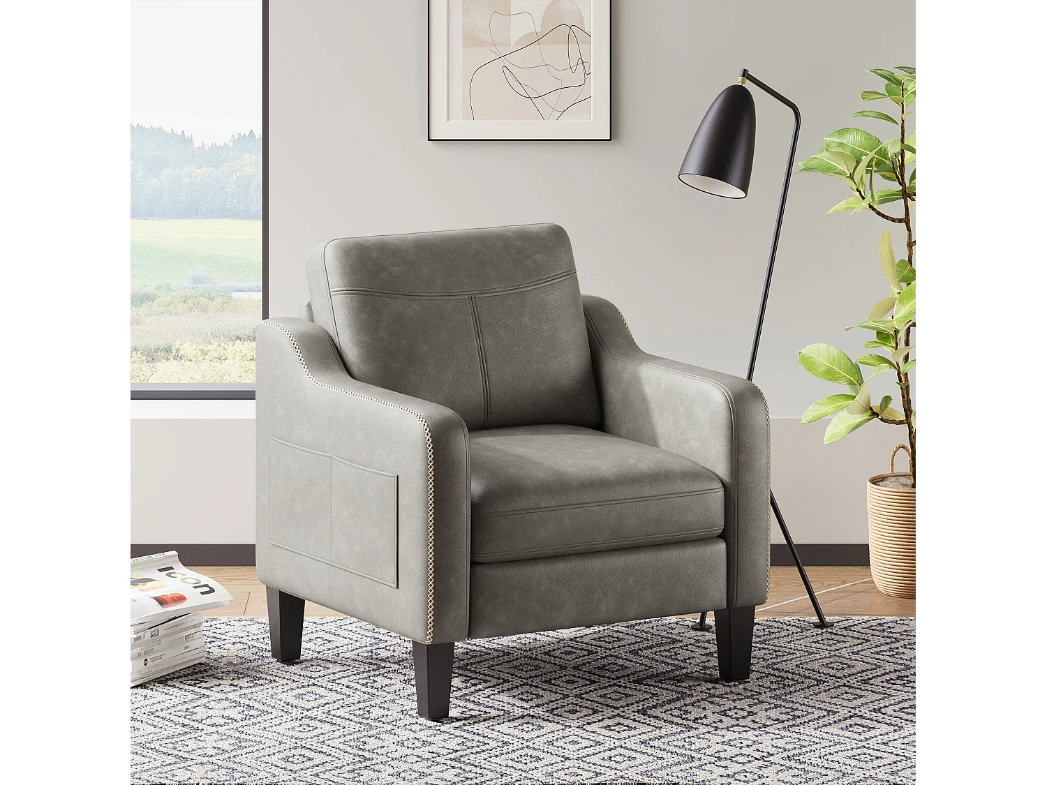 Moderner Sessel aus PU im Mid-Century-Stil mit Seitentasche – ergonomischer Komfort für Wohnzimmer und Büro, grau