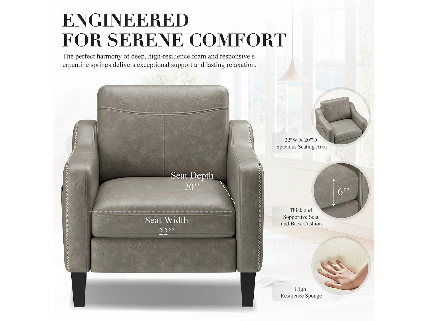 Fauteuil d’appoint moderne en PU style mid-century avec rangement latéral – confort ergonomique pour salon et bureau,gris
