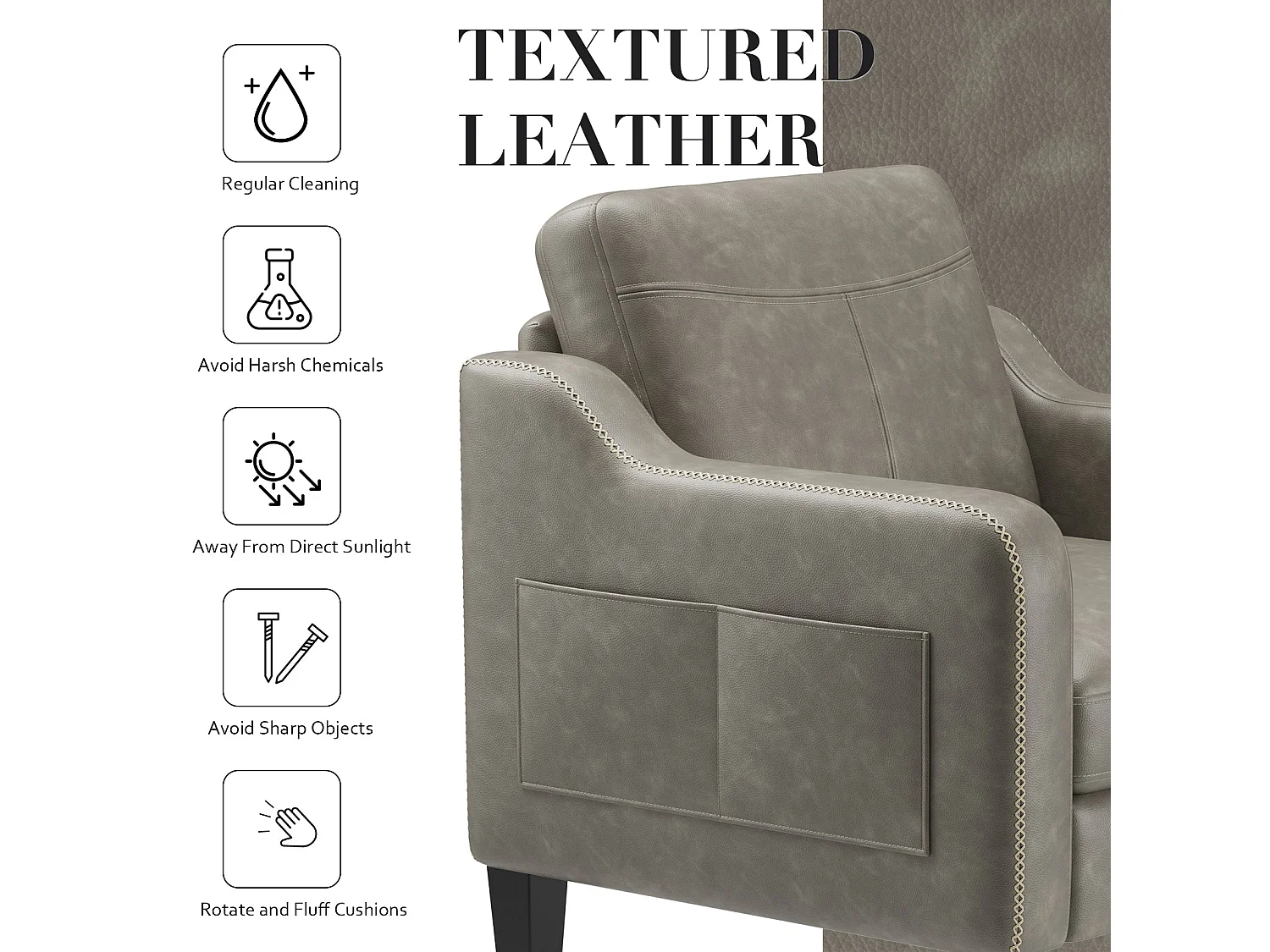 Fauteuil d’appoint moderne en PU style mid-century avec rangement latéral – confort ergonomique pour salon et bureau,gris