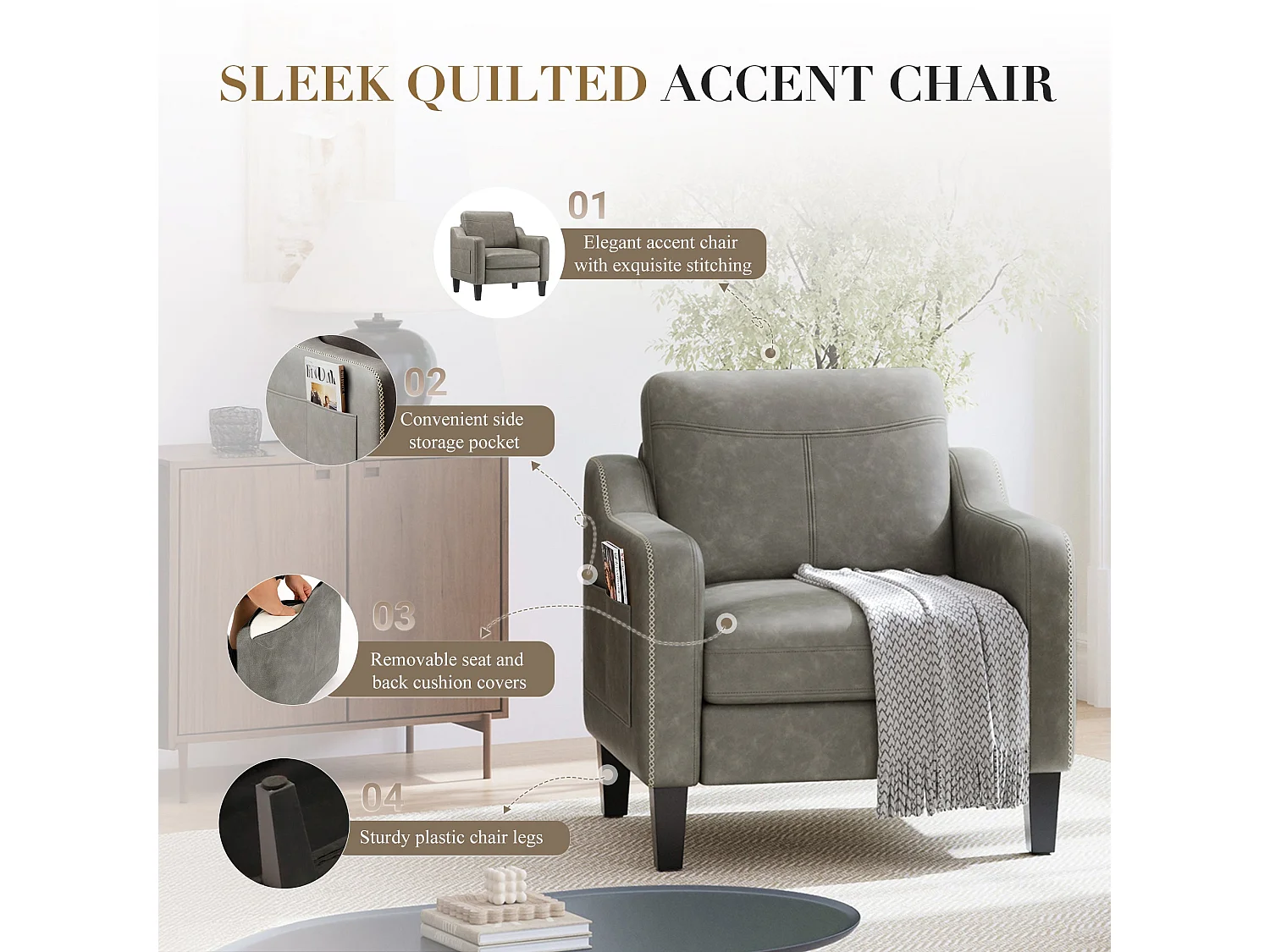 Fauteuil d’appoint moderne en PU style mid-century avec rangement latéral – confort ergonomique pour salon et bureau,gris