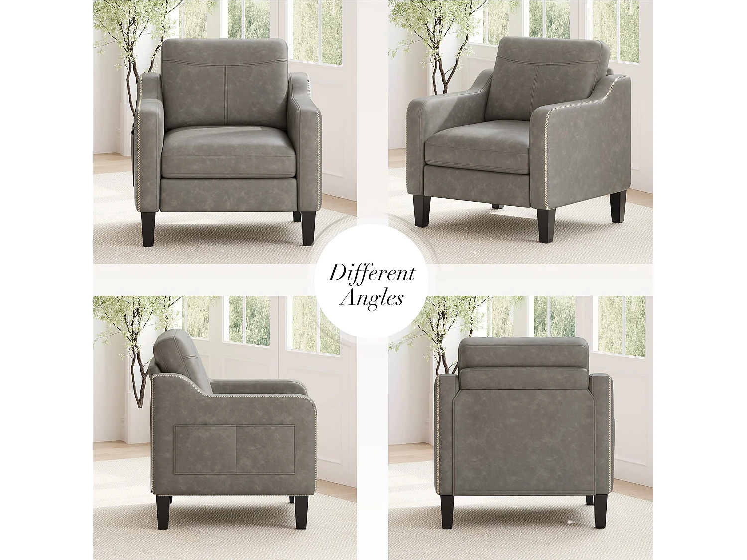 Fauteuil d’appoint moderne en PU style mid-century avec rangement latéral – confort ergonomique pour salon et bureau,gris