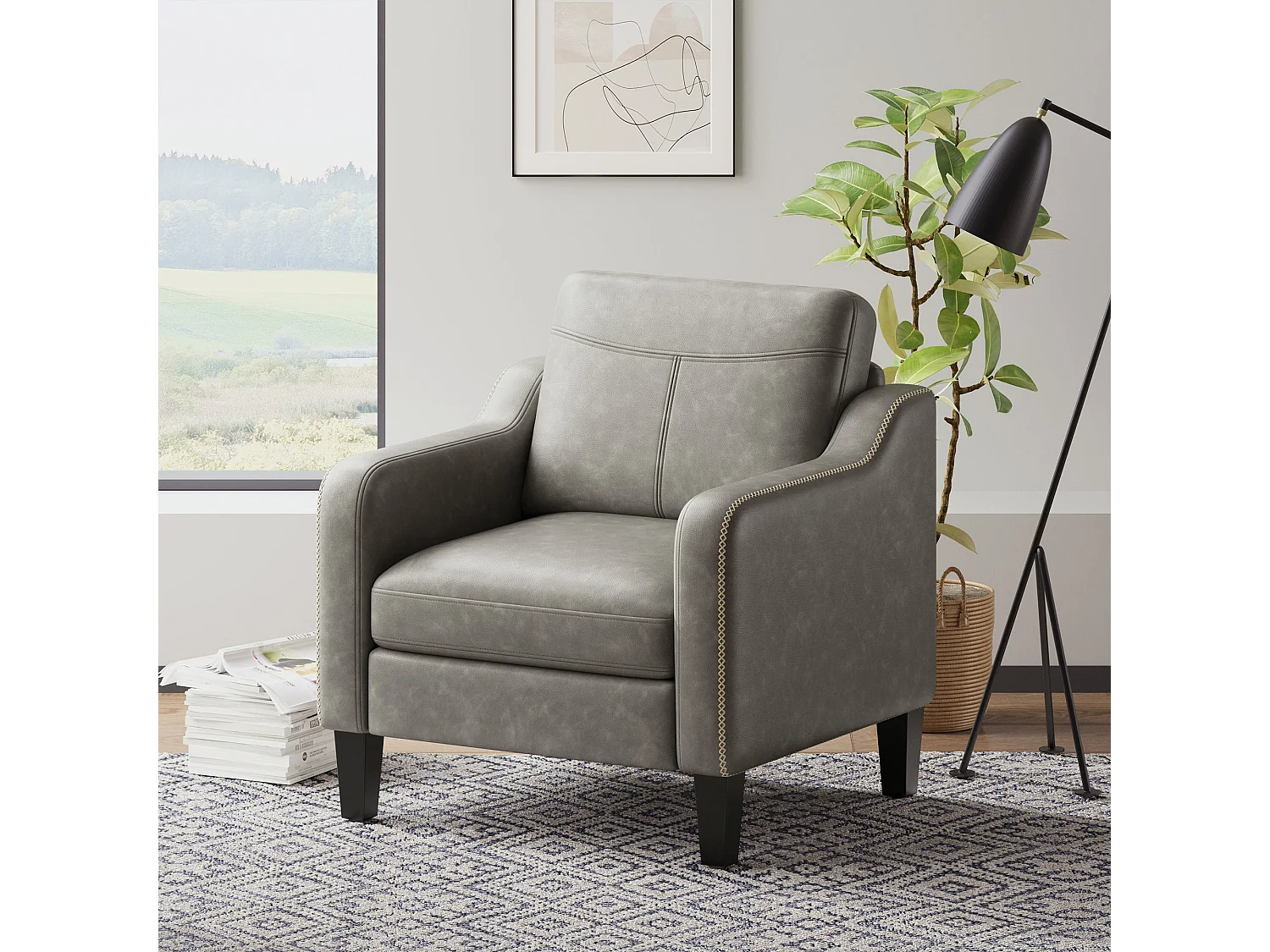 Fauteuil d’appoint moderne en PU style mid-century avec rangement latéral – confort ergonomique pour salon et bureau,gris