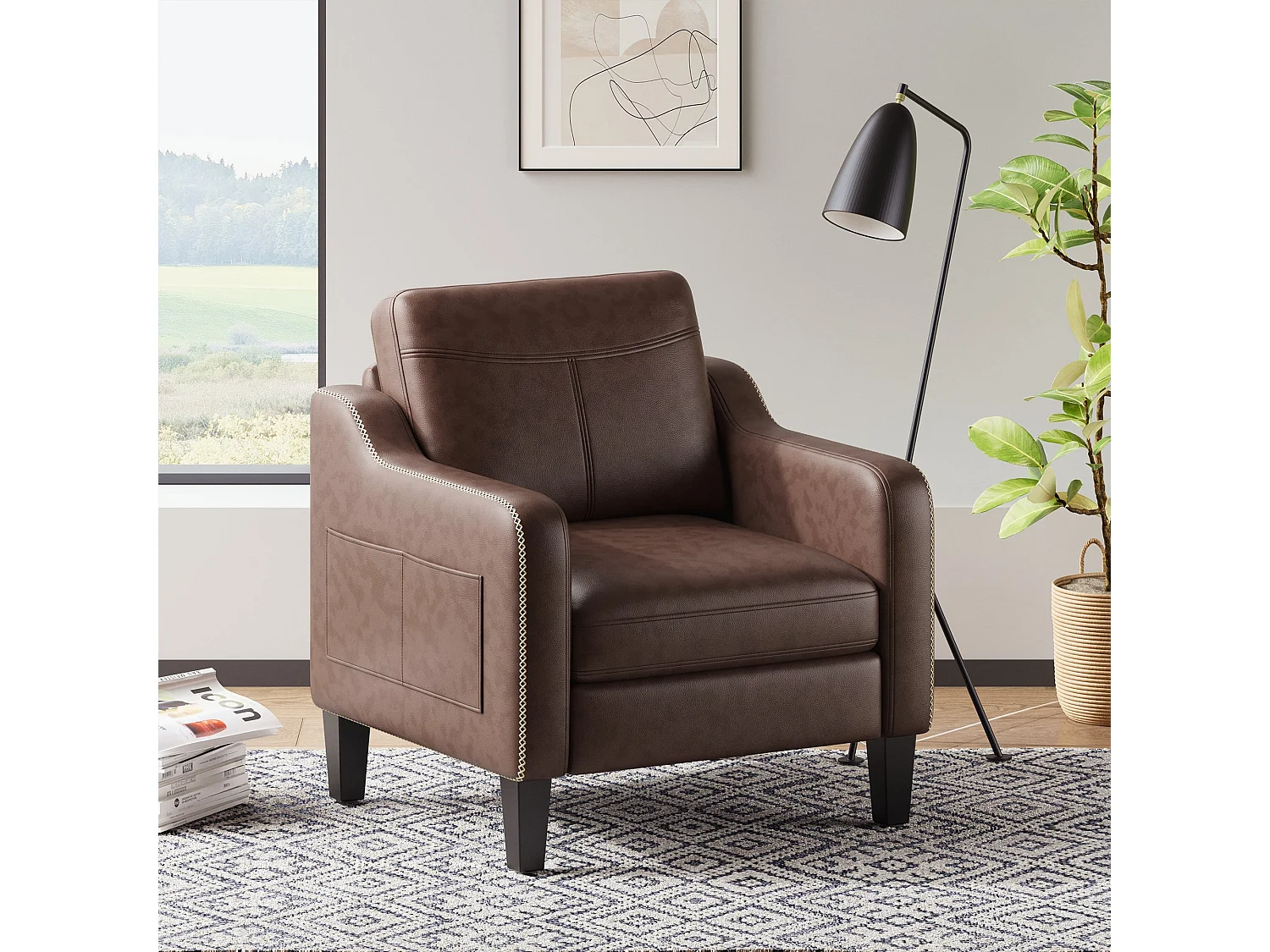 Moderner Sessel aus PU im Mid-Century-Stil mit Seitentasche – ergonomischer Komfort für Wohnzimmer und Büro, schokoladenbraun