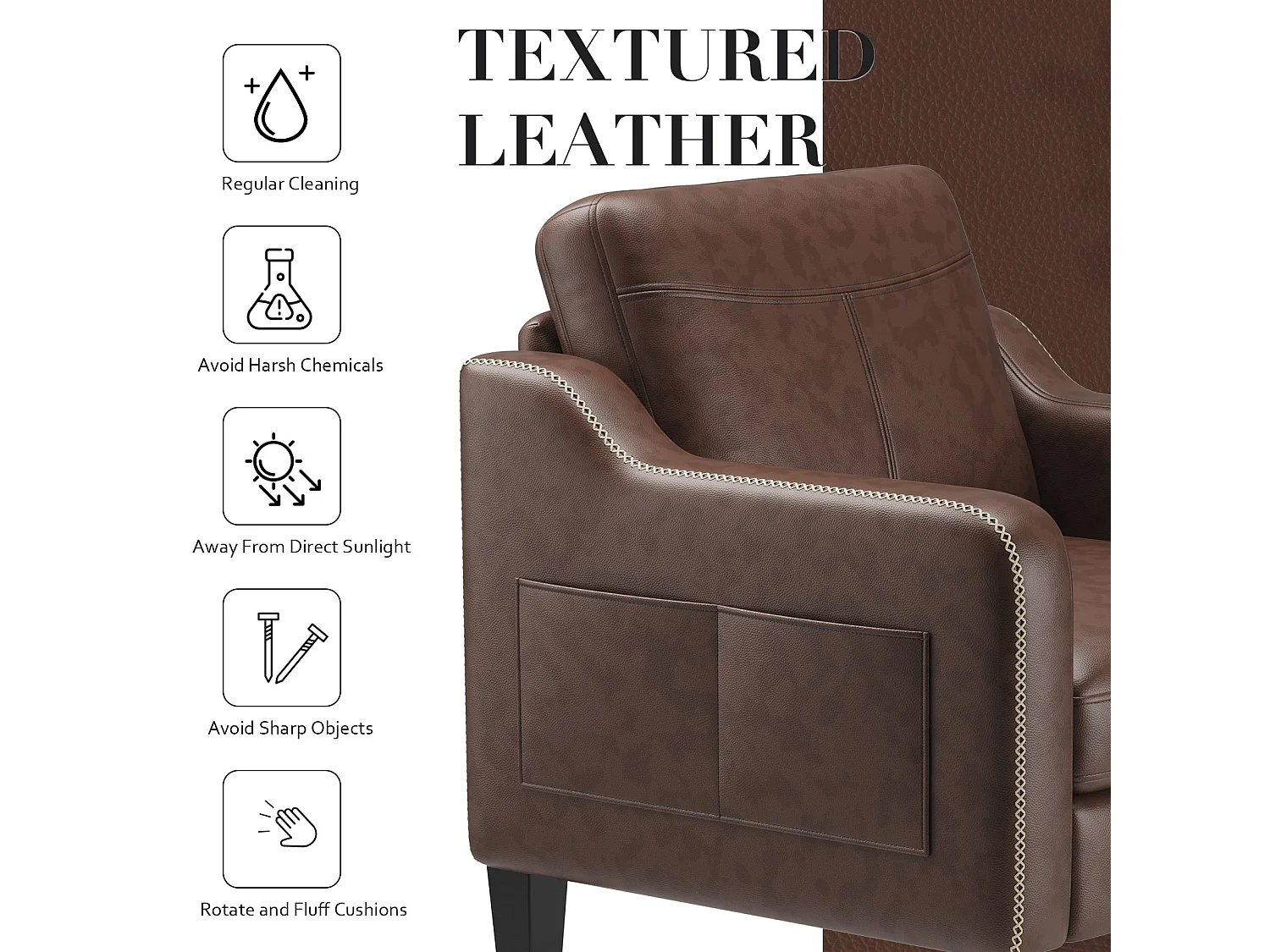 Moderner Sessel aus PU im Mid-Century-Stil mit Seitentasche – ergonomischer Komfort für Wohnzimmer und Büro, schokoladenbraun