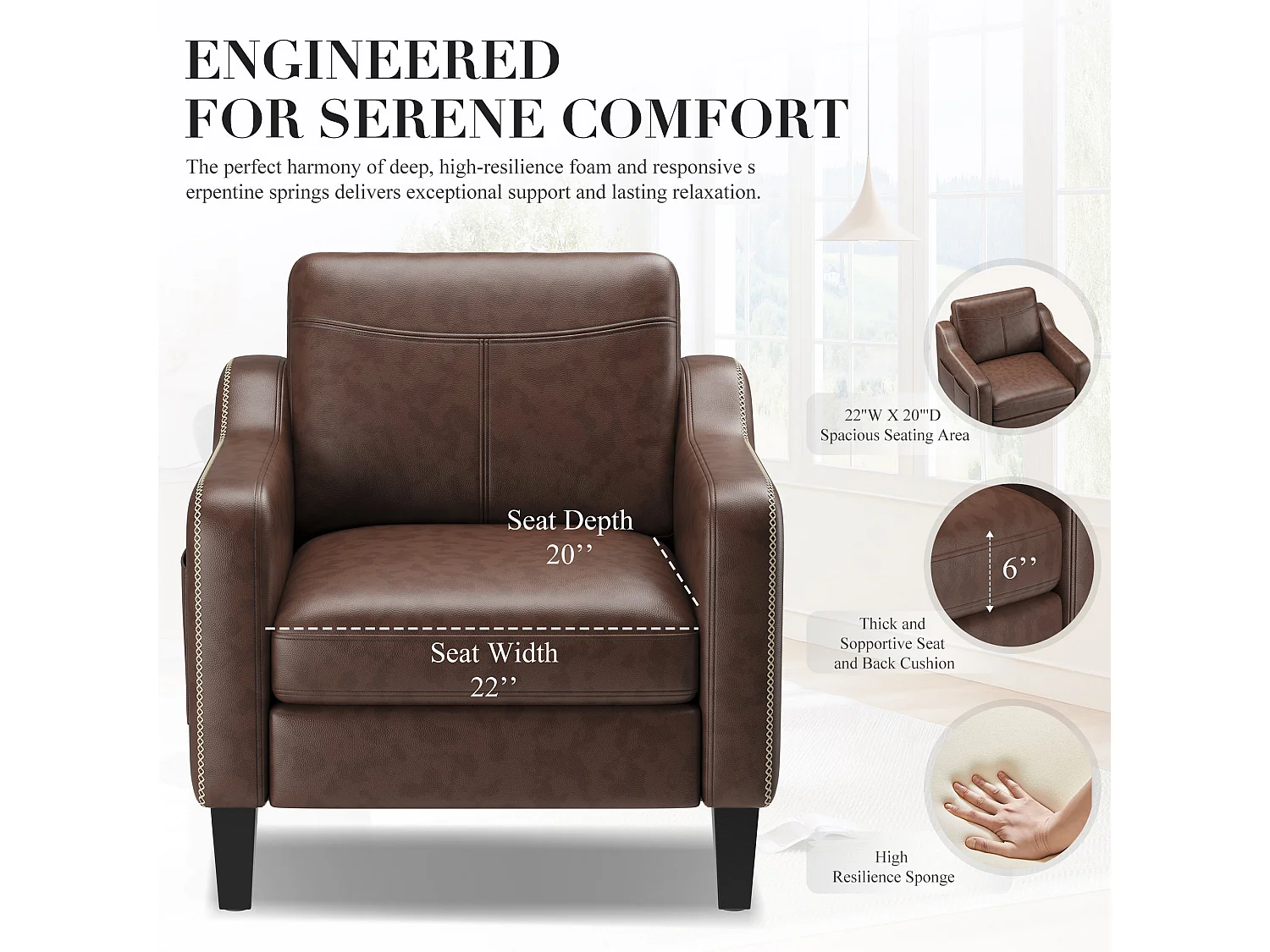 Moderner Sessel aus PU im Mid-Century-Stil mit Seitentasche – ergonomischer Komfort für Wohnzimmer und Büro, schokoladenbraun