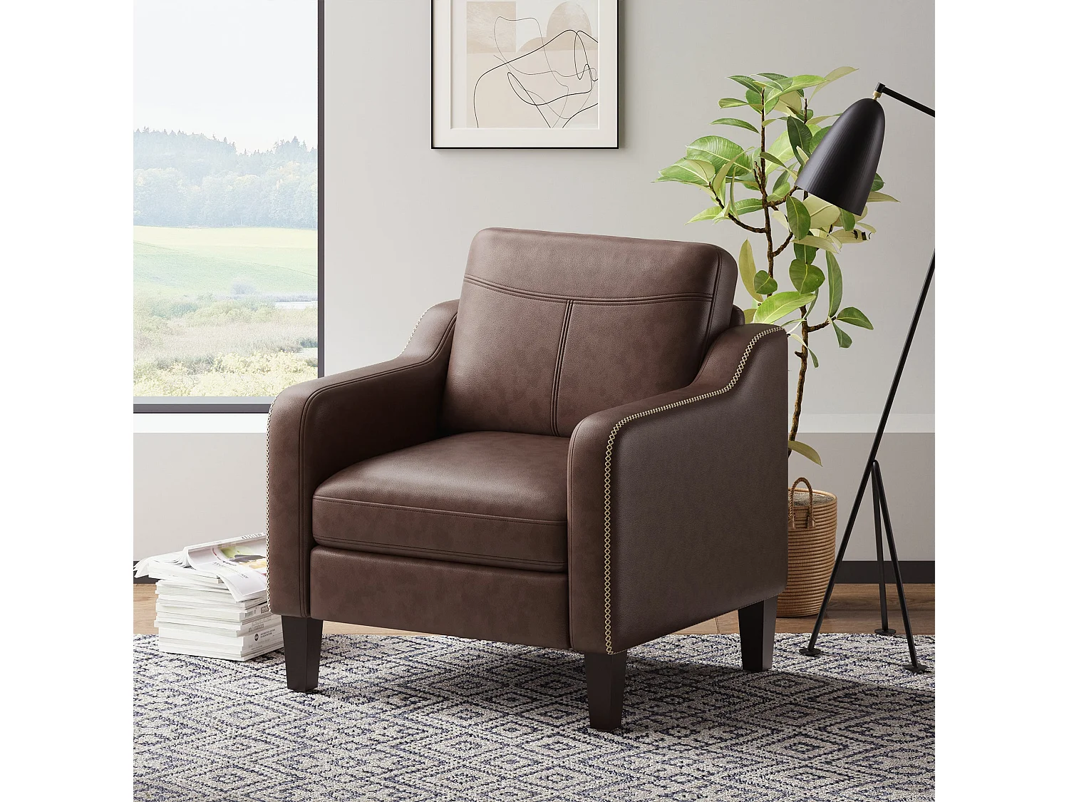 Moderner Sessel aus PU im Mid-Century-Stil mit Seitentasche – ergonomischer Komfort für Wohnzimmer und Büro, schokoladenbraun