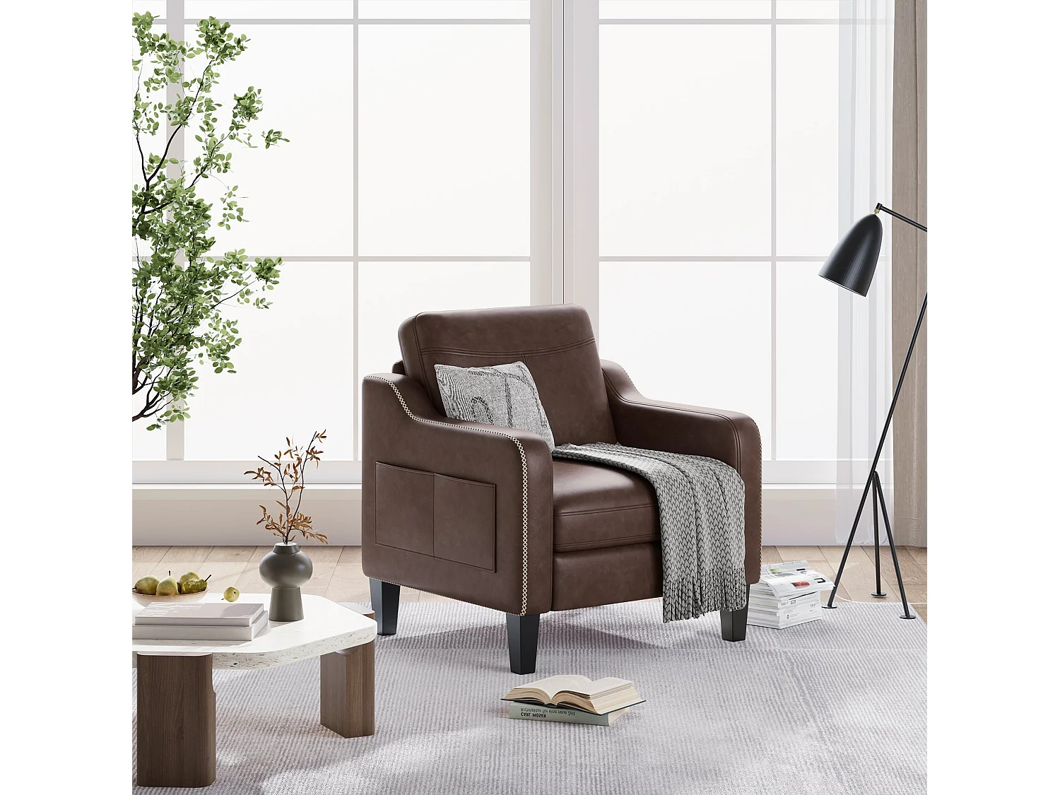 Moderner Sessel aus PU im Mid-Century-Stil mit Seitentasche – ergonomischer Komfort für Wohnzimmer und Büro, schokoladenbraun