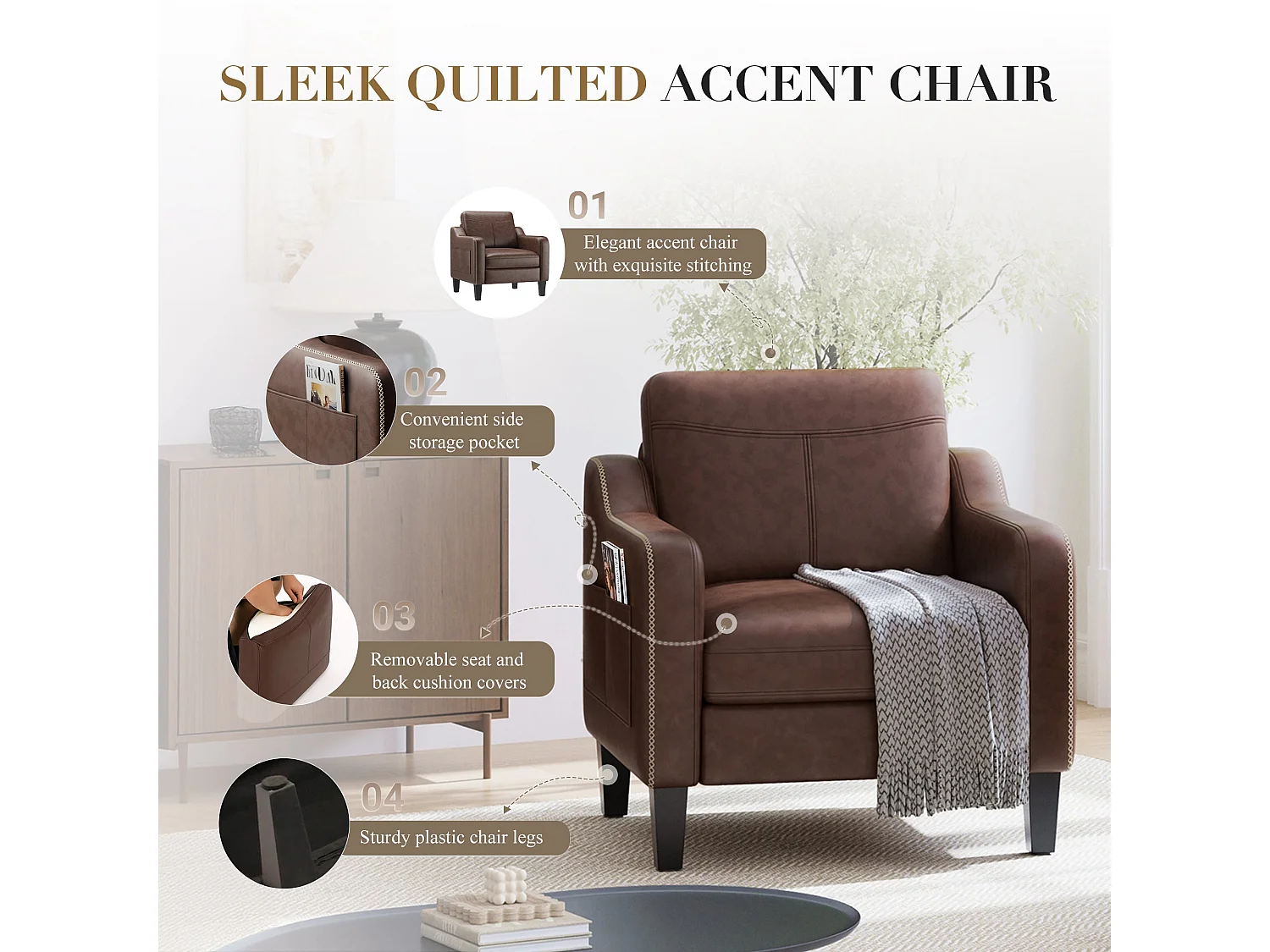 Fauteuil d’appoint moderne en PU style mid-century avec rangement latéral – confort ergonomique pour salon et bureau,marron chocolat