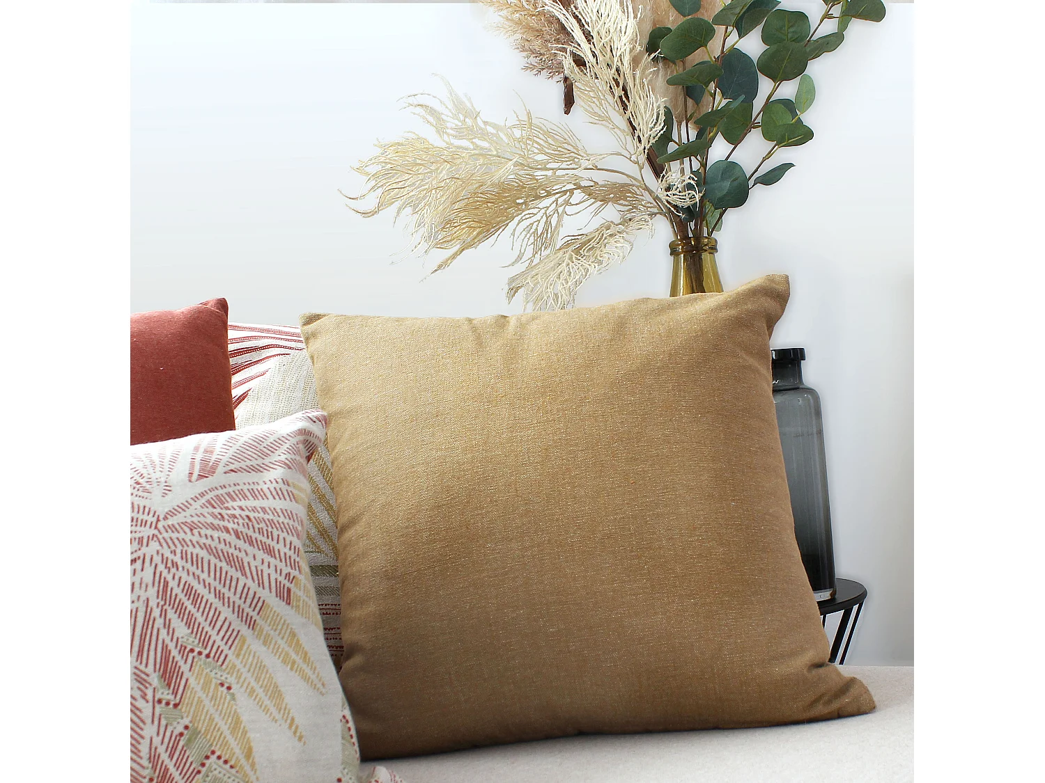 2 coussins carré déhoussable, 40x40cm, beige Ocre, coton chambray, Collection Cambria, CMADECO