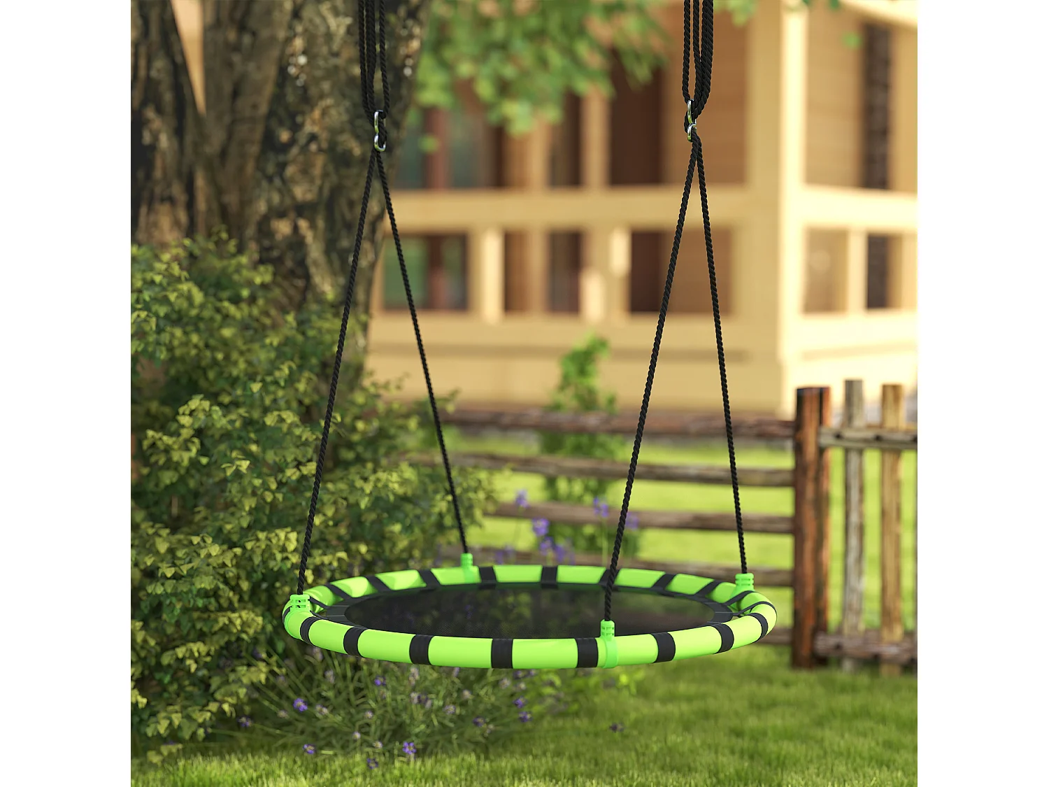 Balançoire nid d'oiseau ronde balançoire panier dia. 1 m 4 anneaux cordages inclus noir vert