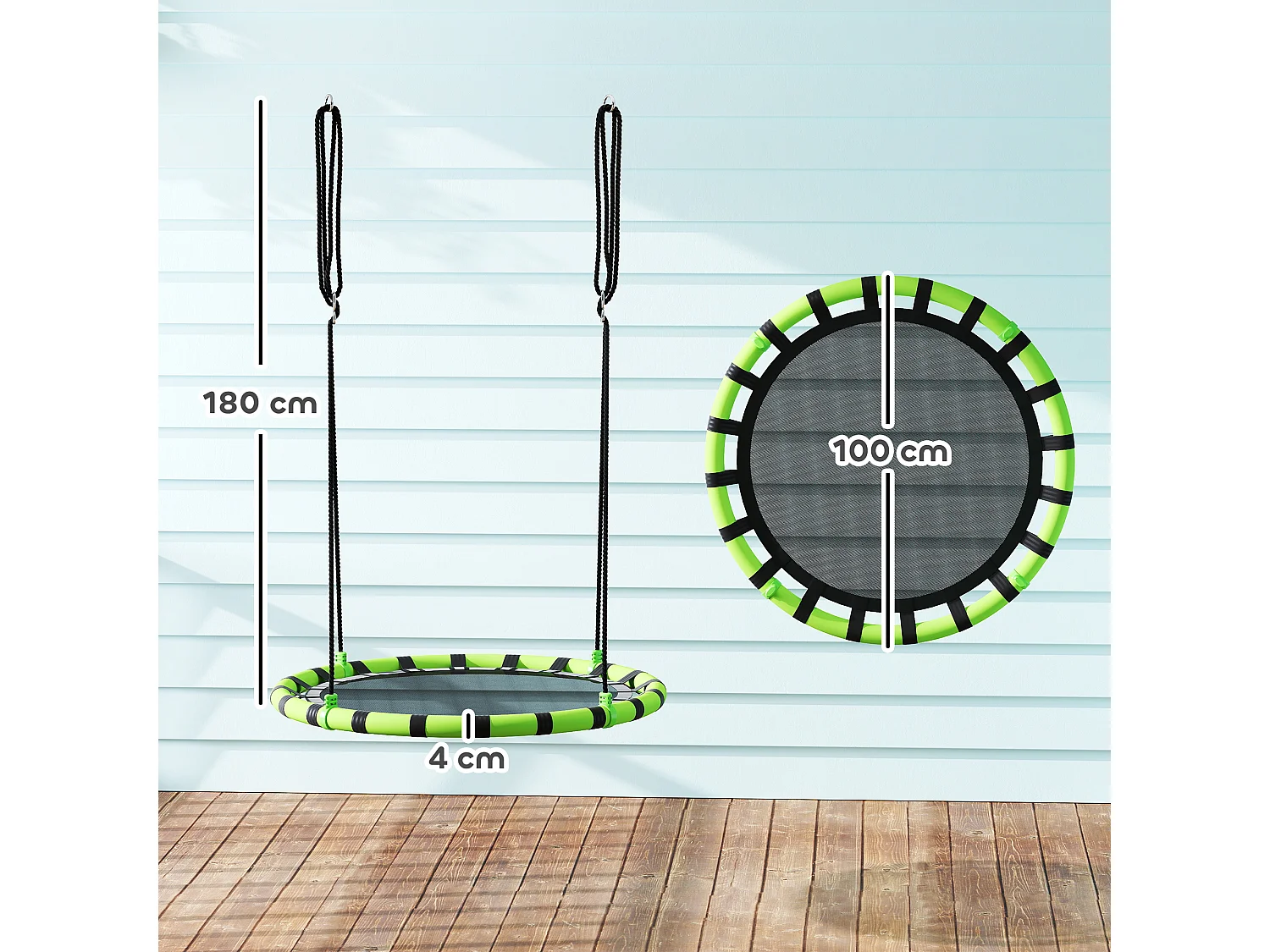 Balançoire nid d'oiseau ronde balançoire panier dia. 1 m 4 anneaux cordages inclus noir vert