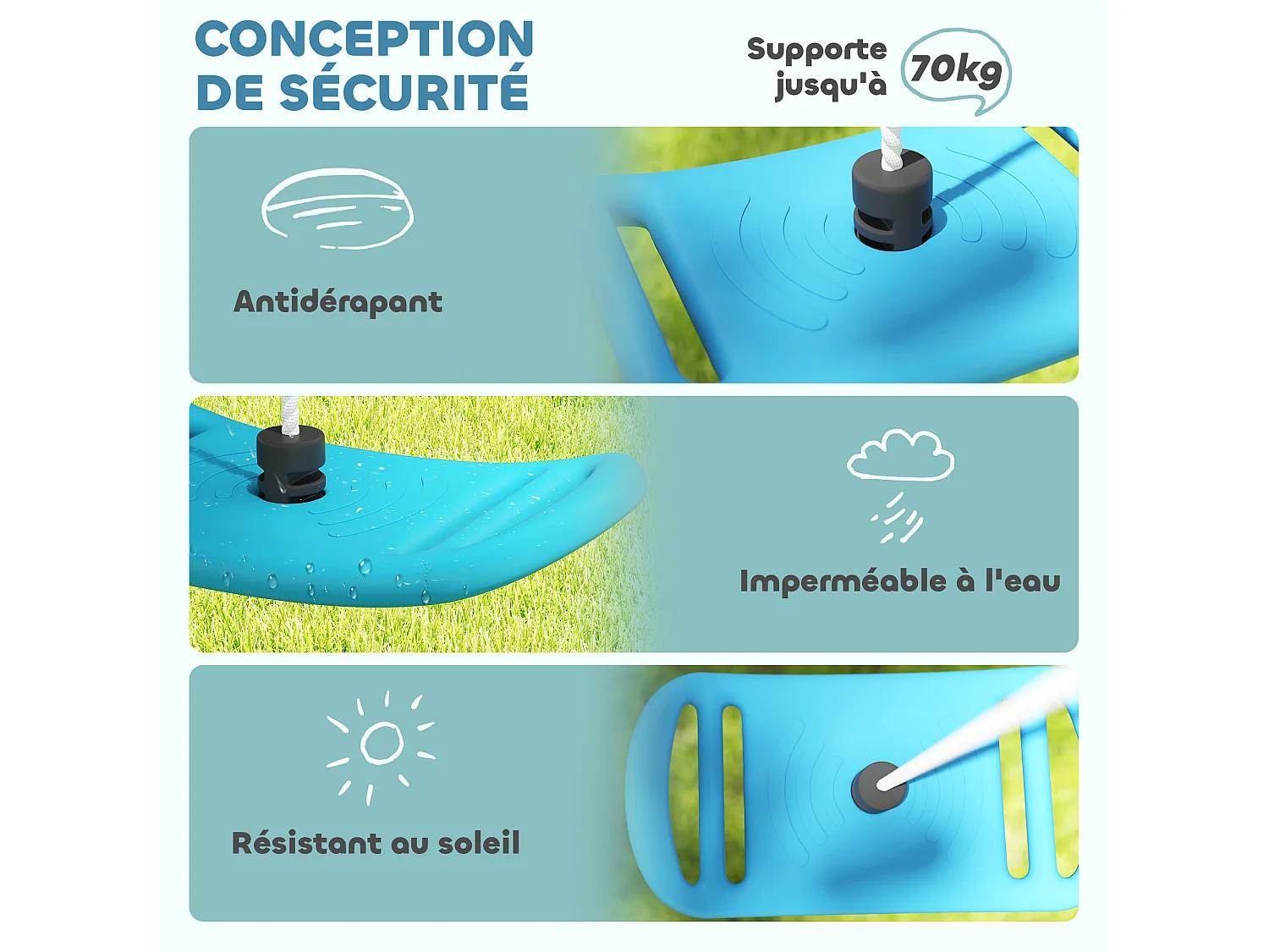 Balançoire enfant - siège balançoire - corde réglable, mousquetons - max. 70Kg - PE bleu