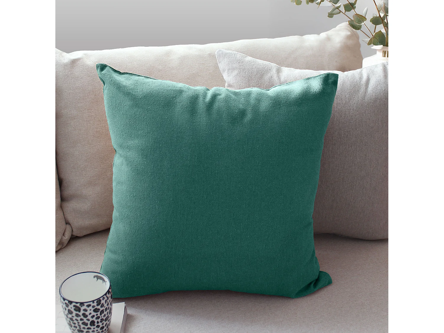 2 coussins carré déhoussable, 40x40cm, vert jade, coton chambray, Collection Cambria, CMADECO