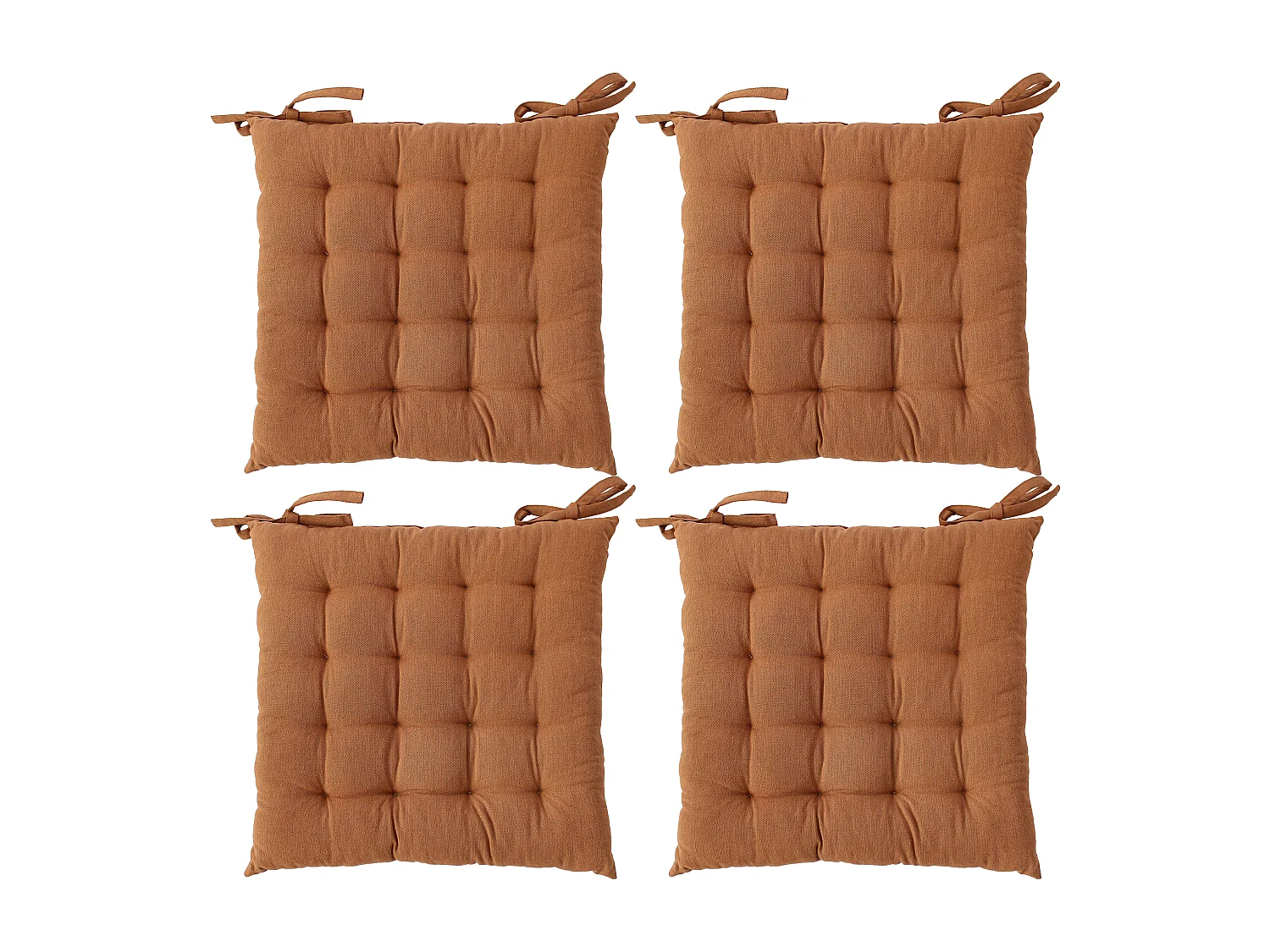 4 galettes de chaises carrées, 38x38cm, avec nouettes, orange café, coton chambray, Collection Cambria, CMADECO