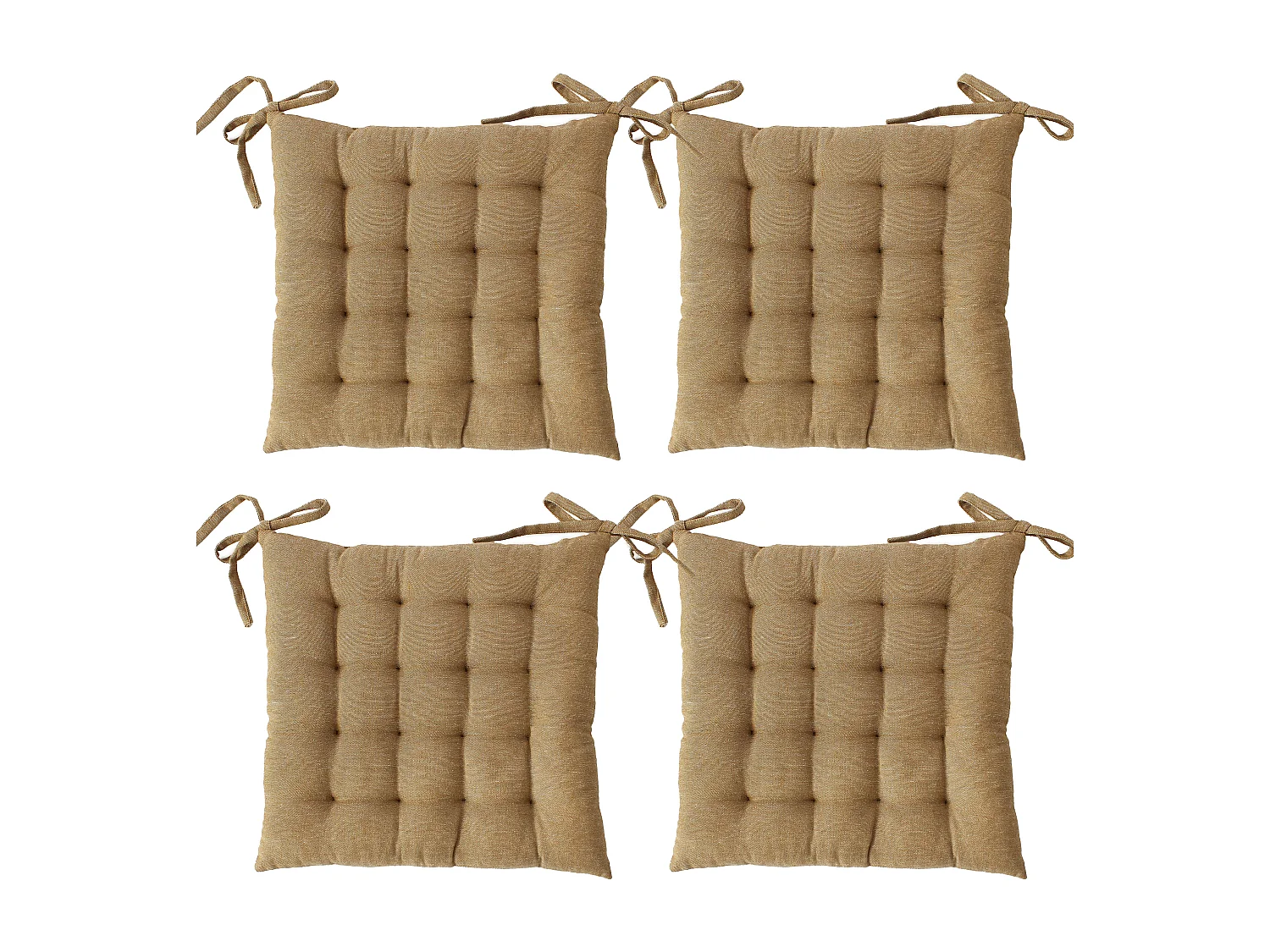 4 galettes de chaises carrées, 38x38cm, avec nouettes, beige Ocre, coton chambray, Collection Cambria, CMADECO