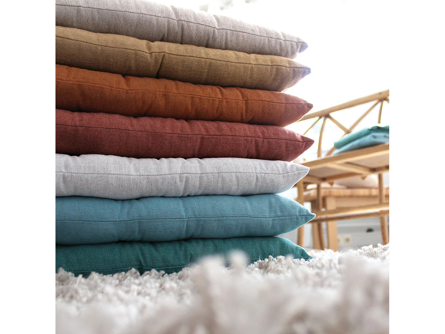 4 galettes de chaises carrées, 38x38cm, avec nouettes, beige Ocre, coton chambray, Collection Cambria, CMADECO