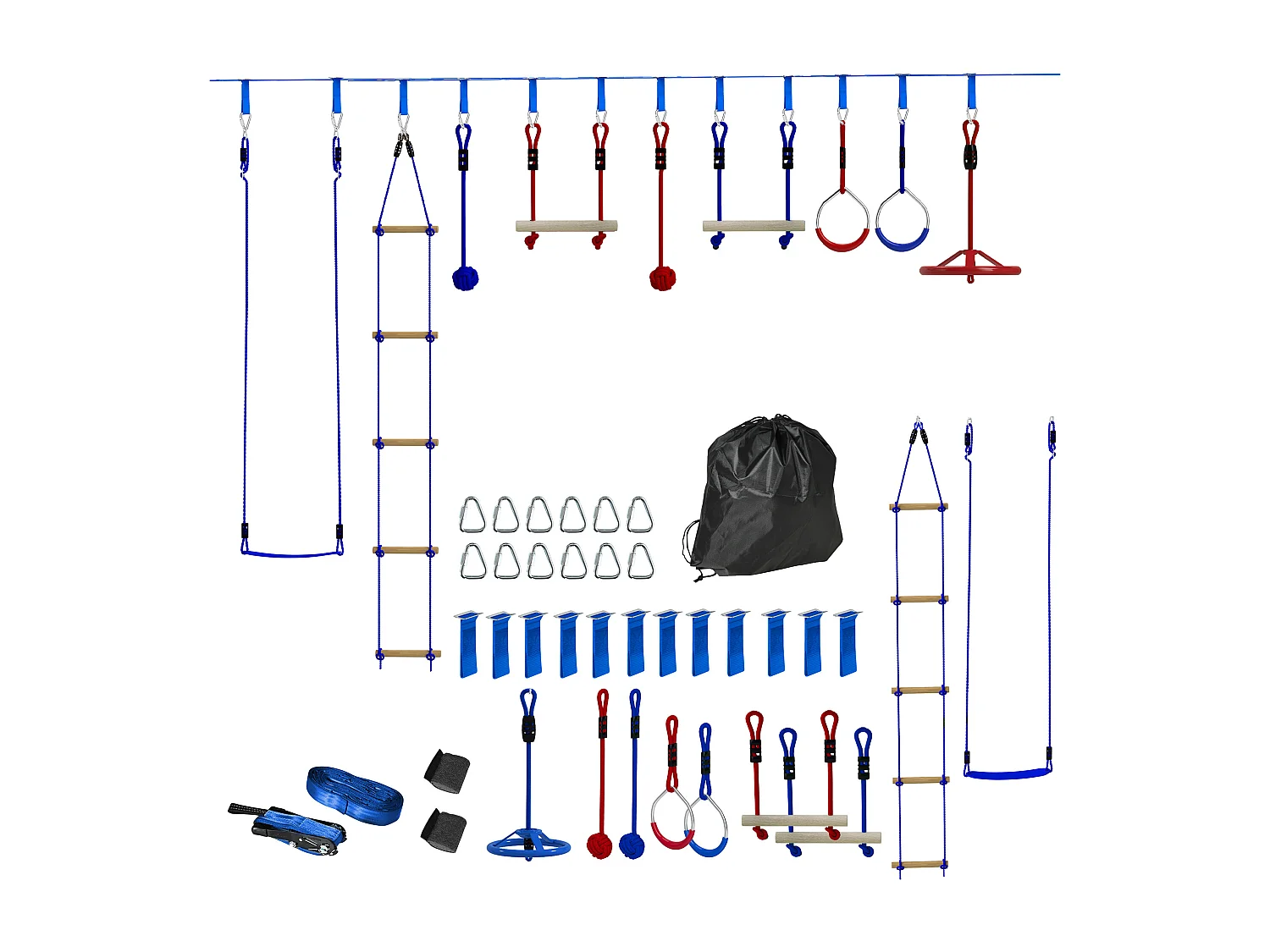 Parcours d'obstacles ninja enfant 10m 10 accessoires max. 50Kg - slackline, sac transport - rouge bleu