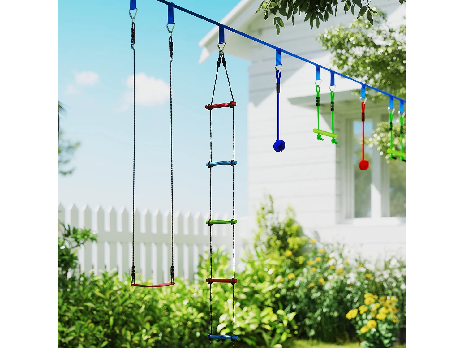 Parcours d'obstacles ninja enfant 10m 10 accessoires max. 50Kg - slackline, sac transport - rouge bleu