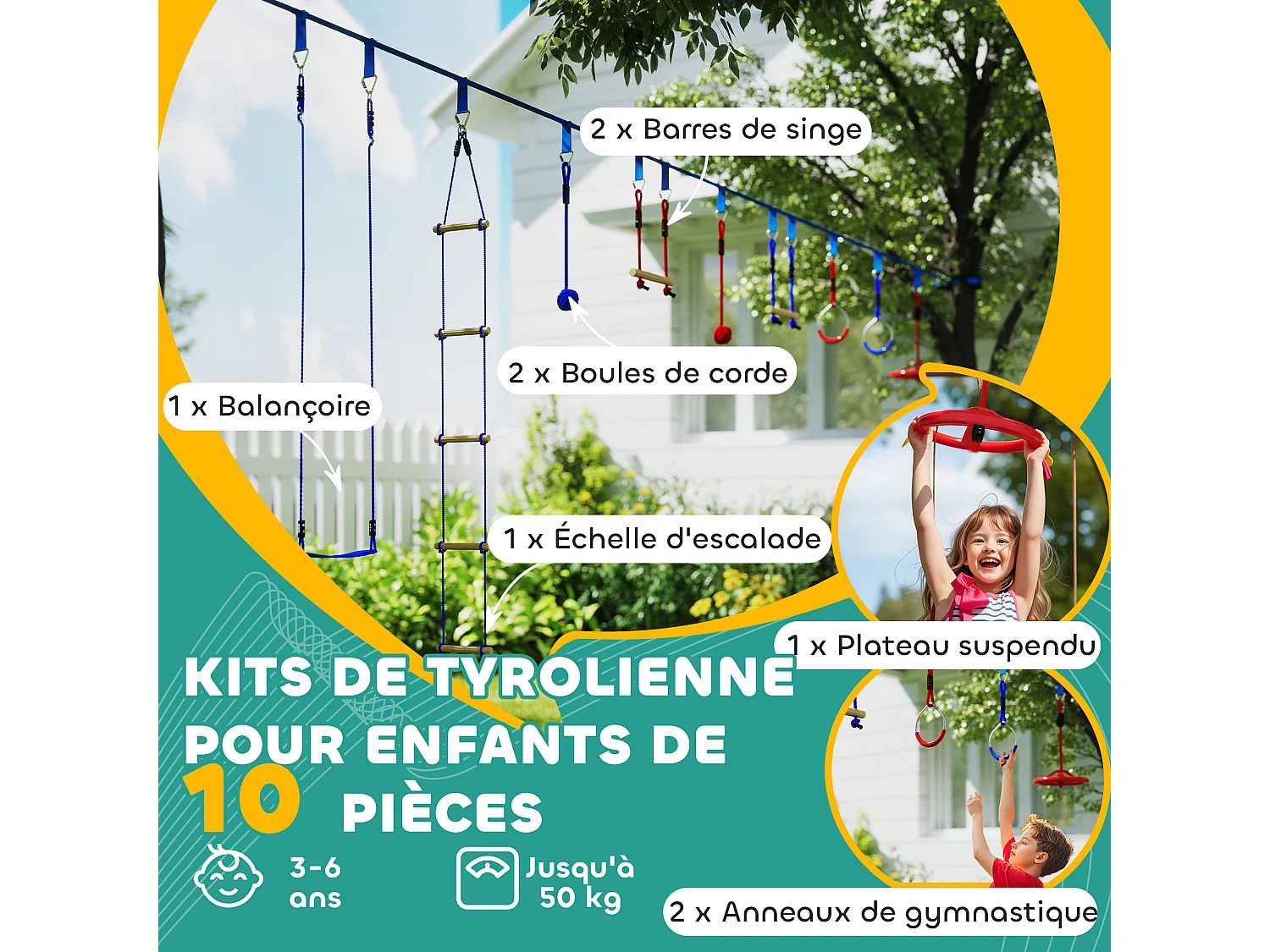 Parcours d'obstacles ninja enfant 10m 10 accessoires max. 50Kg - slackline, sac transport - rouge bleu