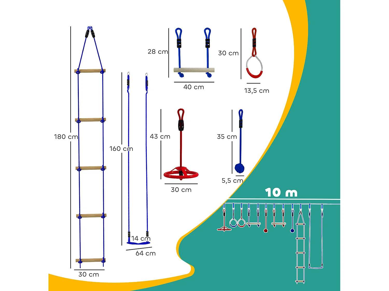 Parcours d'obstacles ninja enfant 10m 10 accessoires max. 50Kg - slackline, sac transport - rouge bleu