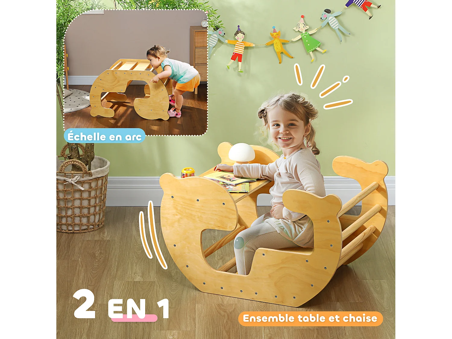 Arche d'escalade enfant bureau 2 en 1 bois pin naturel
