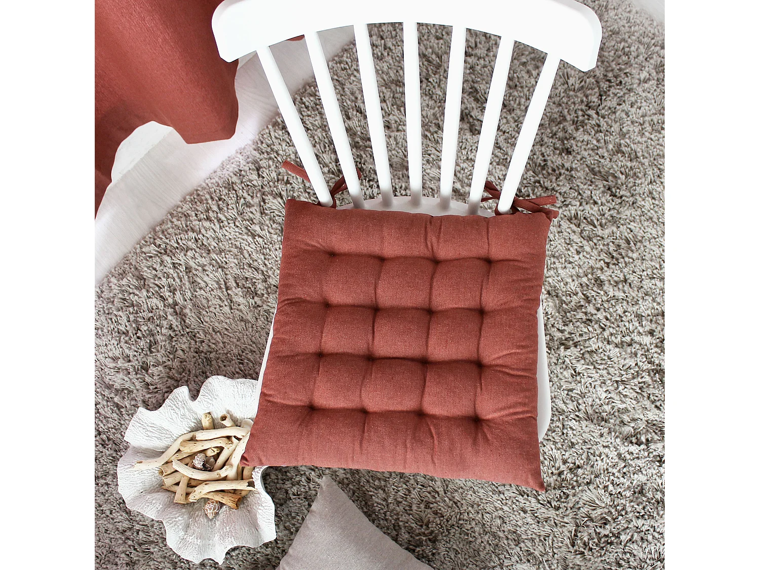 4 vierkante stoelenplaten, 38x38cm, met knopen, terracotta, chambray-katoen, Cambria Collection, CMADECO