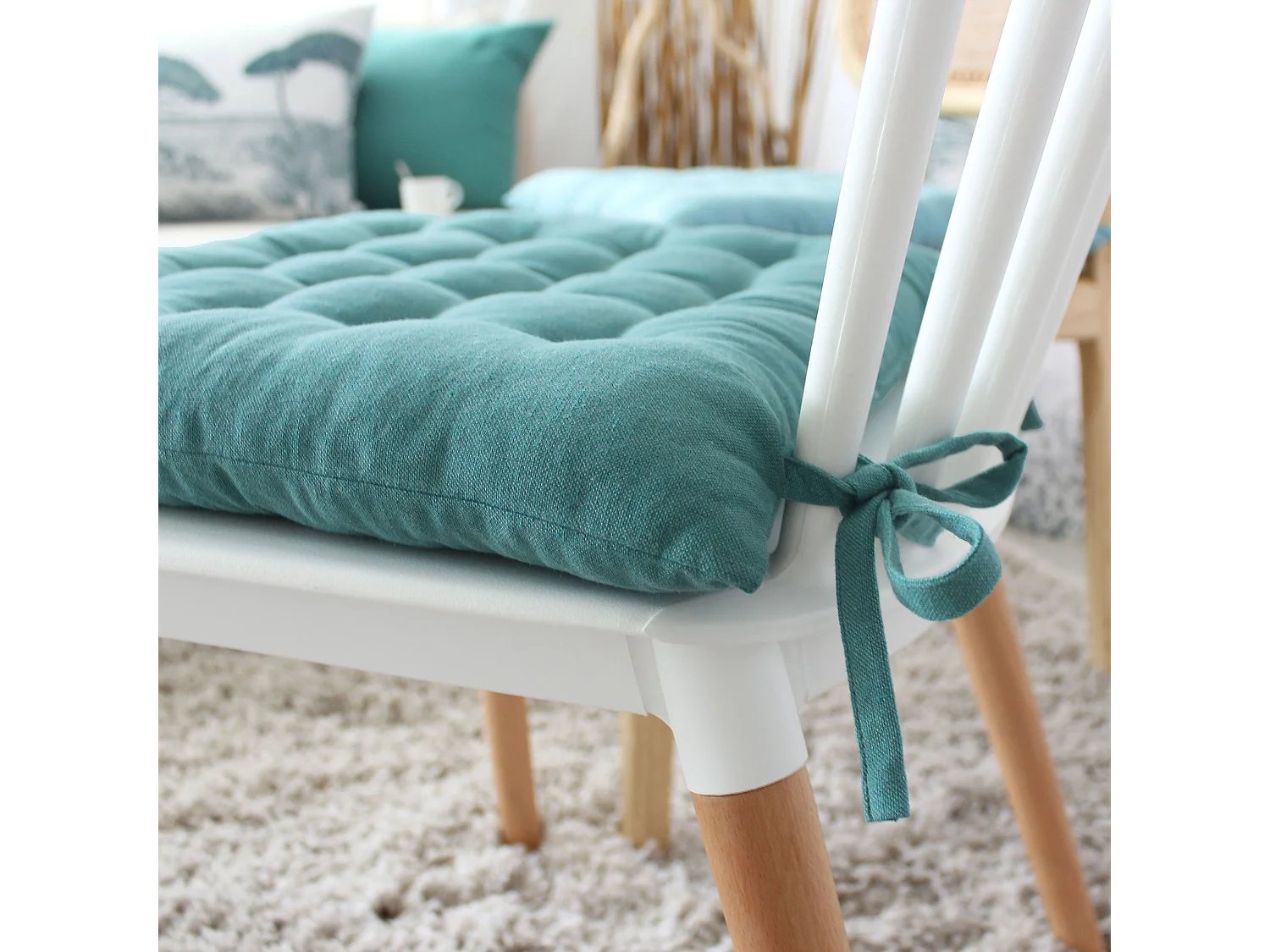 4 galettes de chaises carrées, 38x38cm, avec nouettes, bleu glacier, coton chambray, Collection Cambria, CMADECO