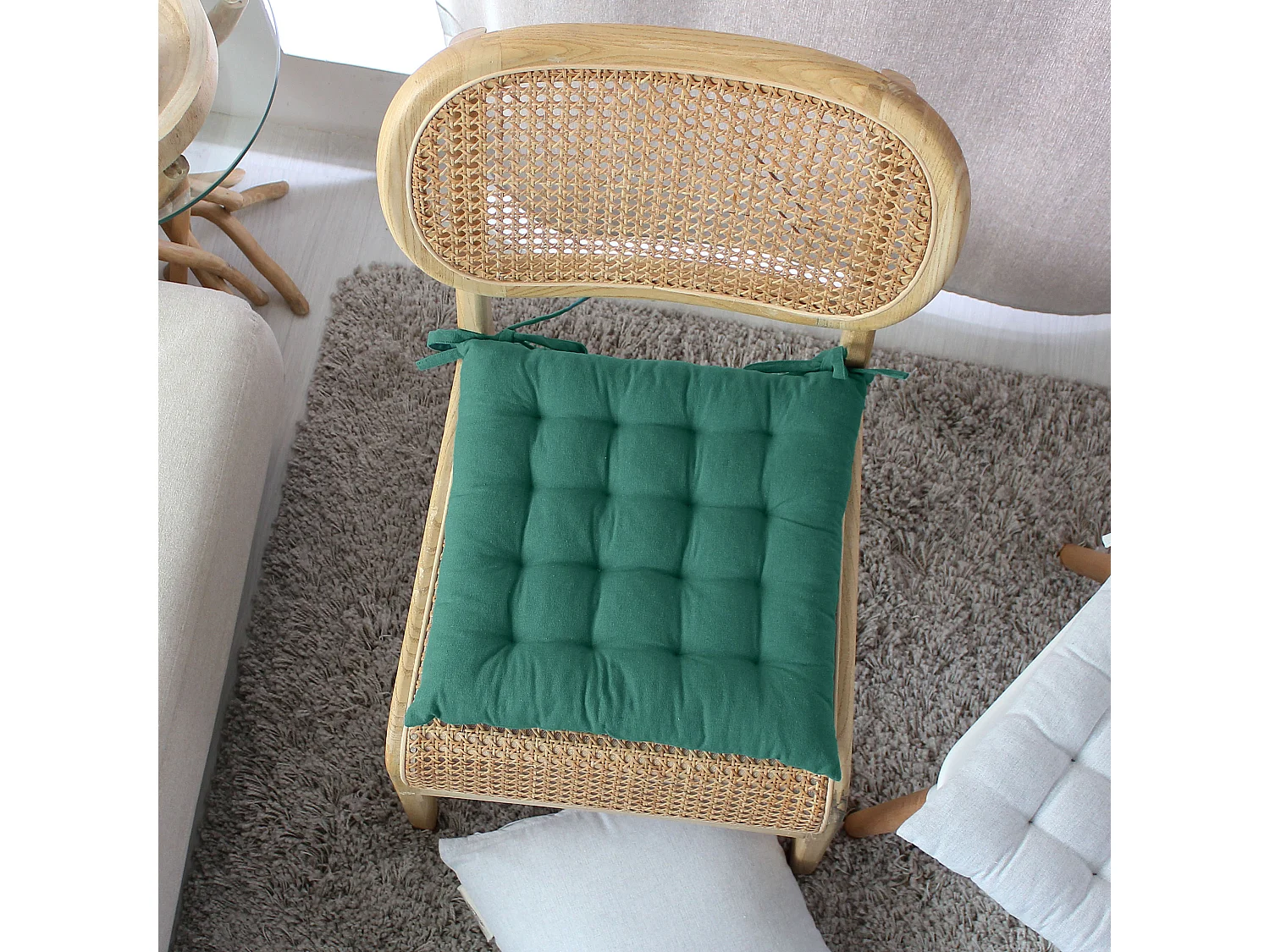 4 galettes de chaises carrées, 38x38cm, avec nouettes, vert jade, coton chambray, Collection Cambria, CMADECO