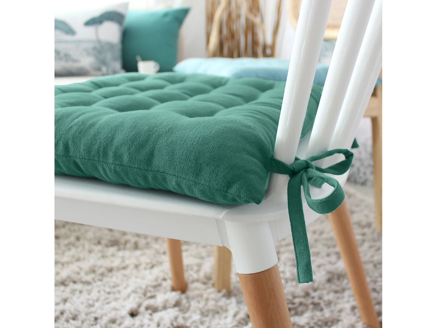 4 galettes de chaises carrées, 38x38cm, avec nouettes, vert jade, coton chambray, Collection Cambria, CMADECO