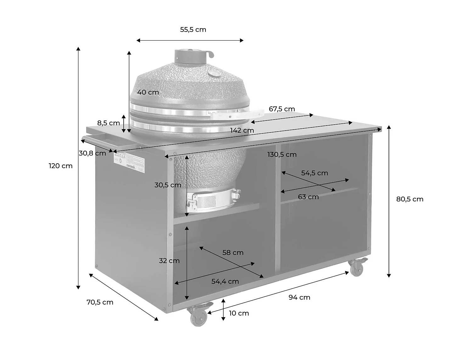 Barbacoa kamado de carbón, ahumador con mesa auxiliar y funda negro