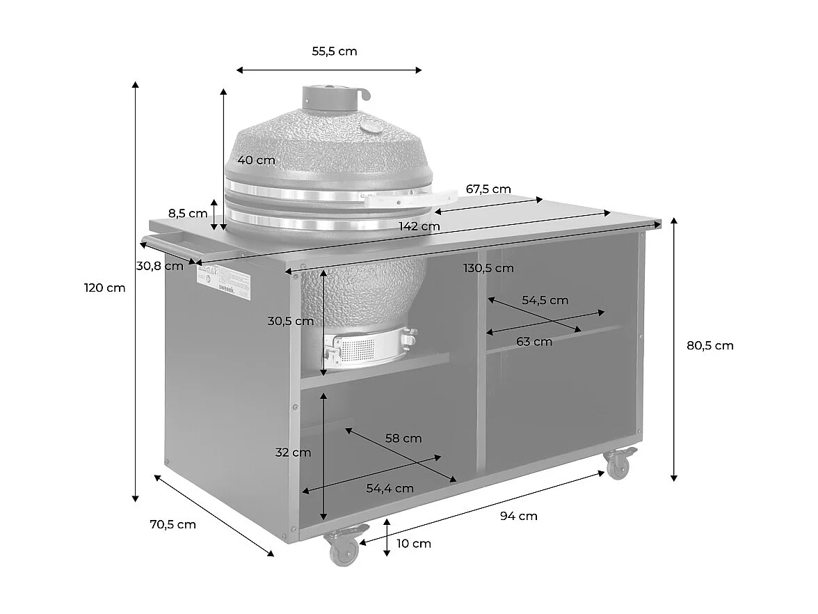 Barbacoa kamado de carbón, ahumador con mesa auxiliar y funda negro