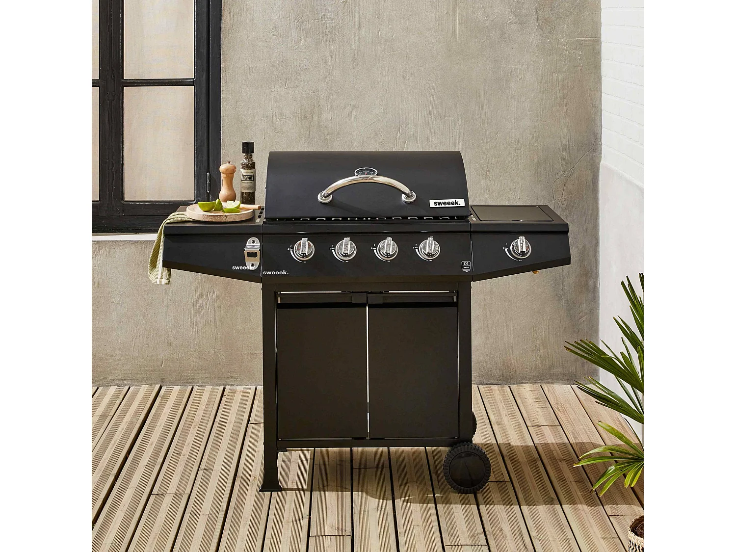 Barbacoa de gas de 4 quemadores con 1 quemador lateral  negro