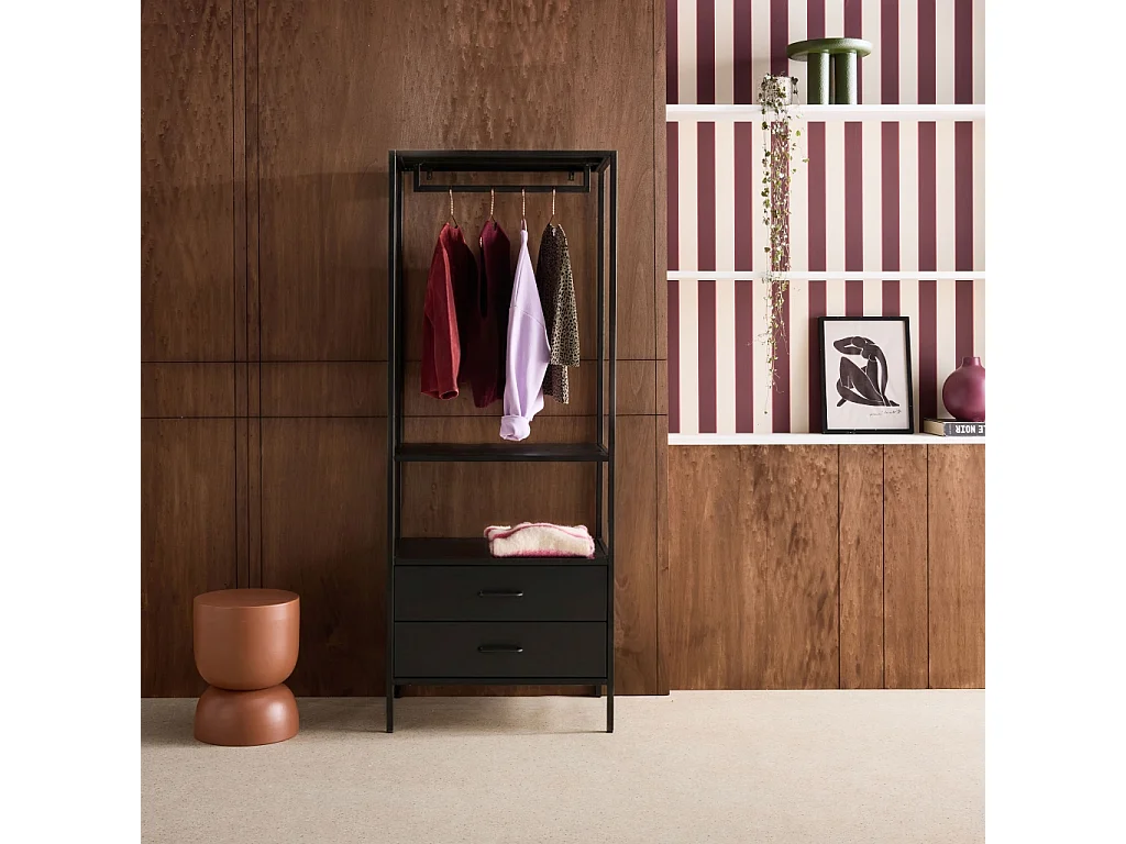 Meuble d'entrée. porte manteau métal noir avec penderie et 2 tiroirs. L 70 x P 45 x H 180cm - Idaho
