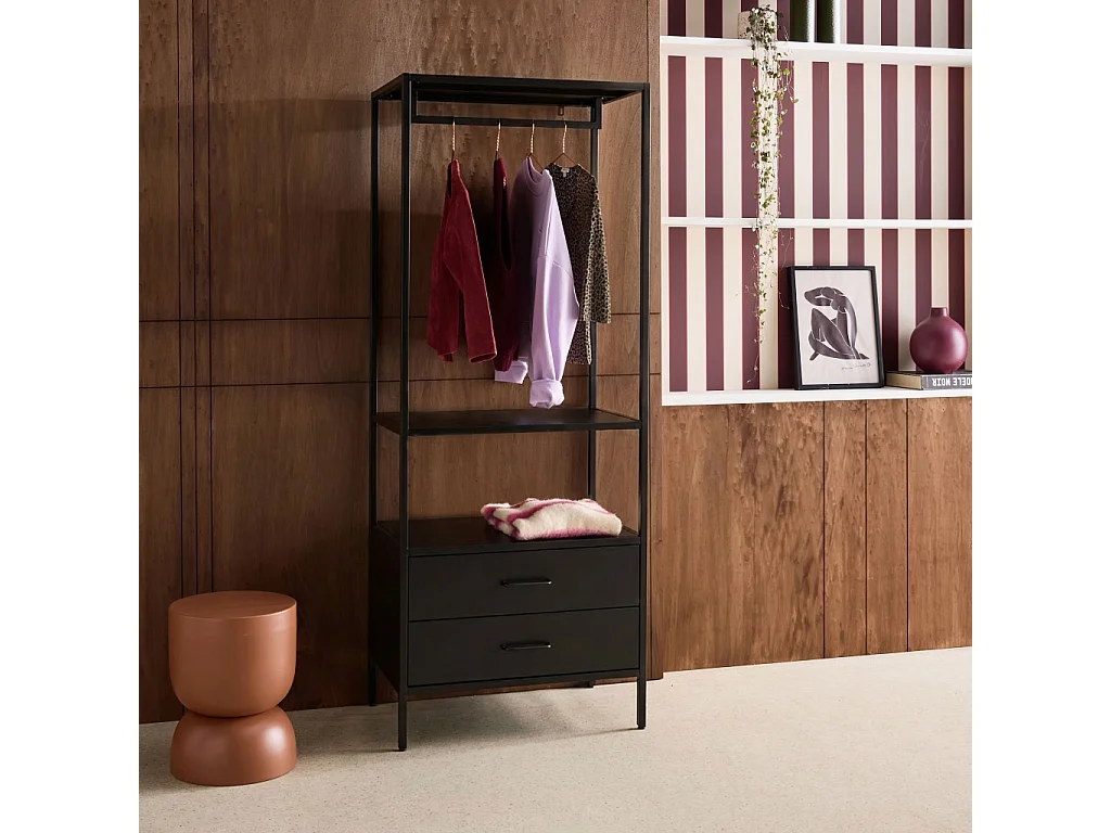 Meuble d'entrée. porte manteau métal noir avec penderie et 2 tiroirs. L 70 x P 45 x H 180cm - Idaho
