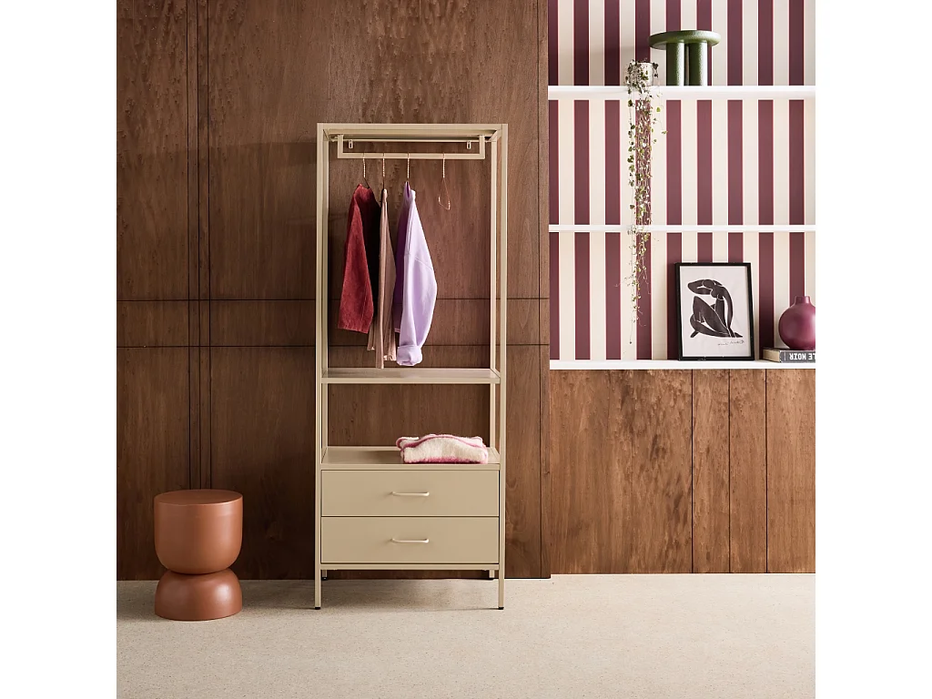 Meuble d'entrée. porte manteau métal crème avec penderie et 2 tiroirs. L 70 x P 45 x H 180cm - Idaho