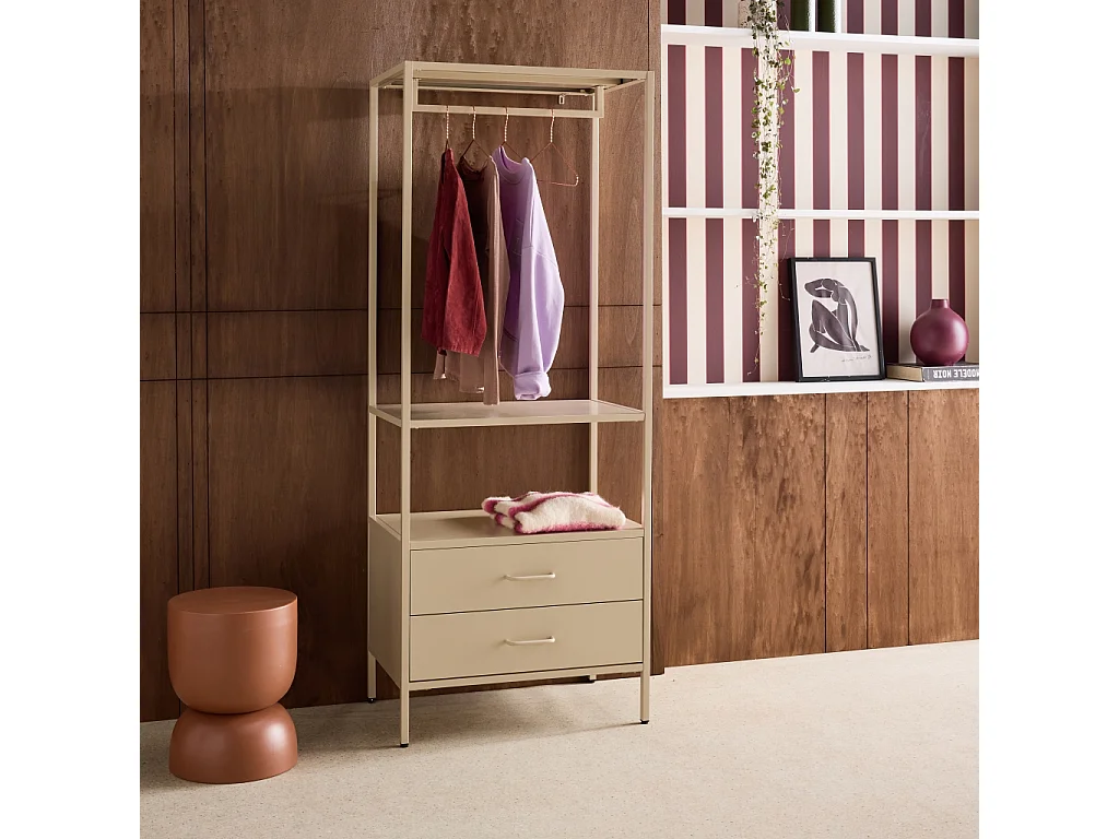 Meuble d'entrée. porte manteau métal crème avec penderie et 2 tiroirs. L 70 x P 45 x H 180cm - Idaho