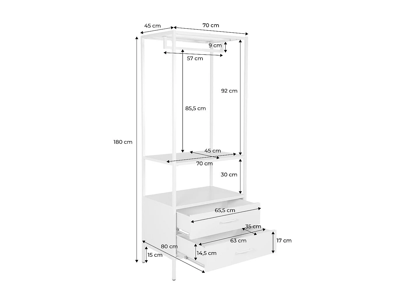 Meuble d'entrée. porte manteau métal crème avec penderie et 2 tiroirs. L 70 x P 45 x H 180cm - Idaho