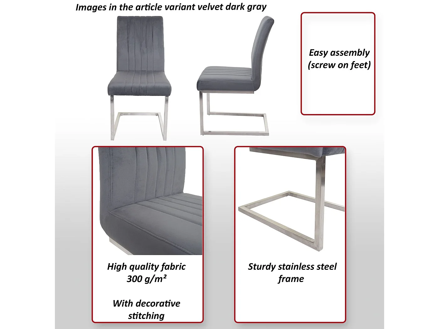 Set 2x sedie sala da pranzo design moderno MCW-L14 struttura a slitta velluto ~ grigio scuro