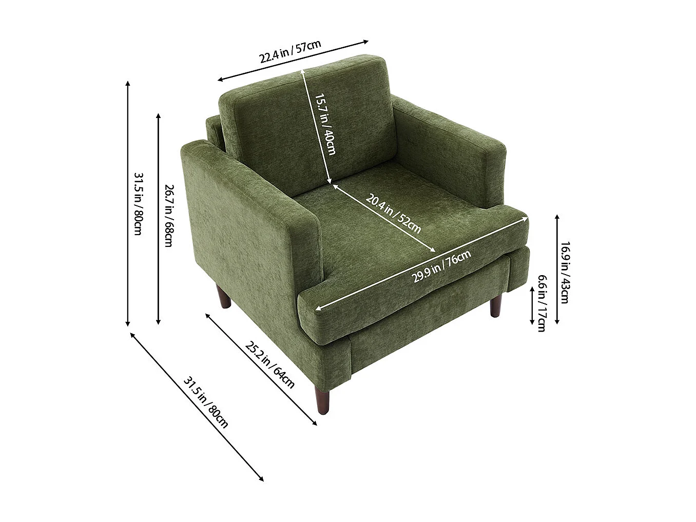 Mid-Century 1 Seater Sofa with Soft Cushion Seat & Back Support - Green